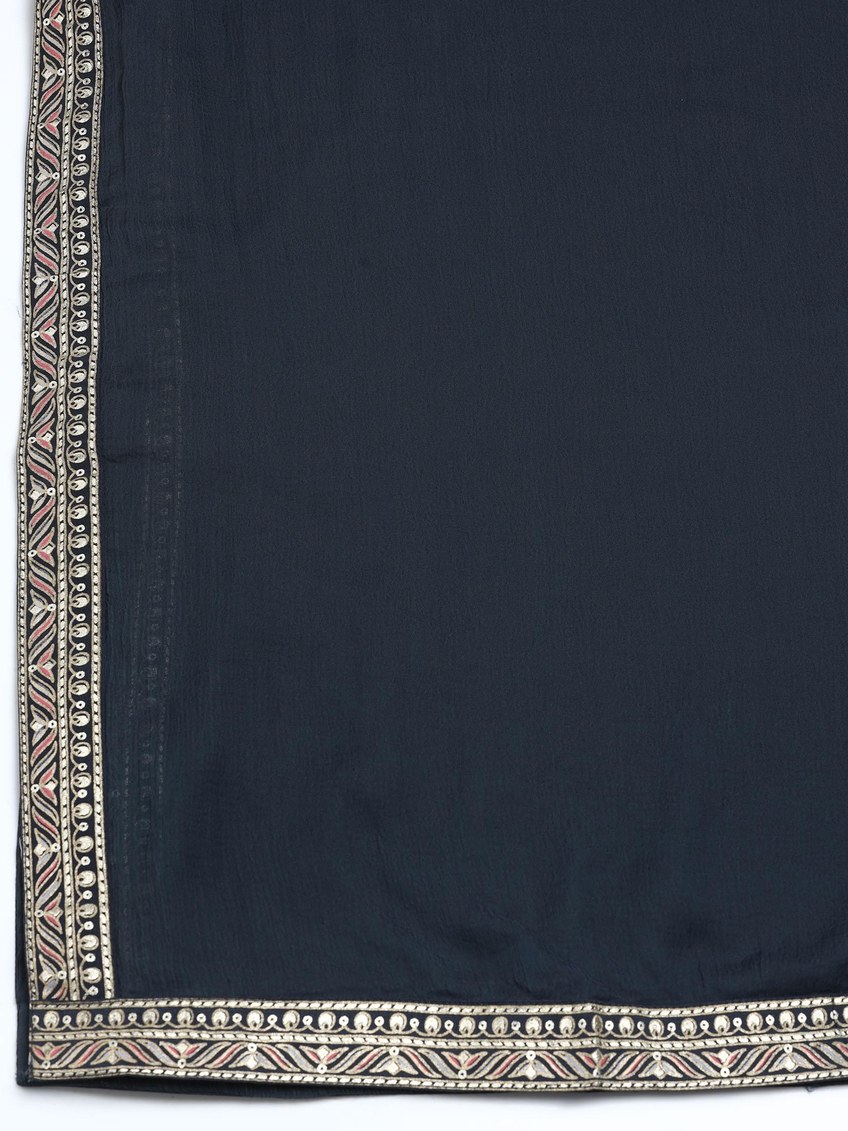 Women Chanderi Grey Printed Kurta Comfort Pant Dupatta.