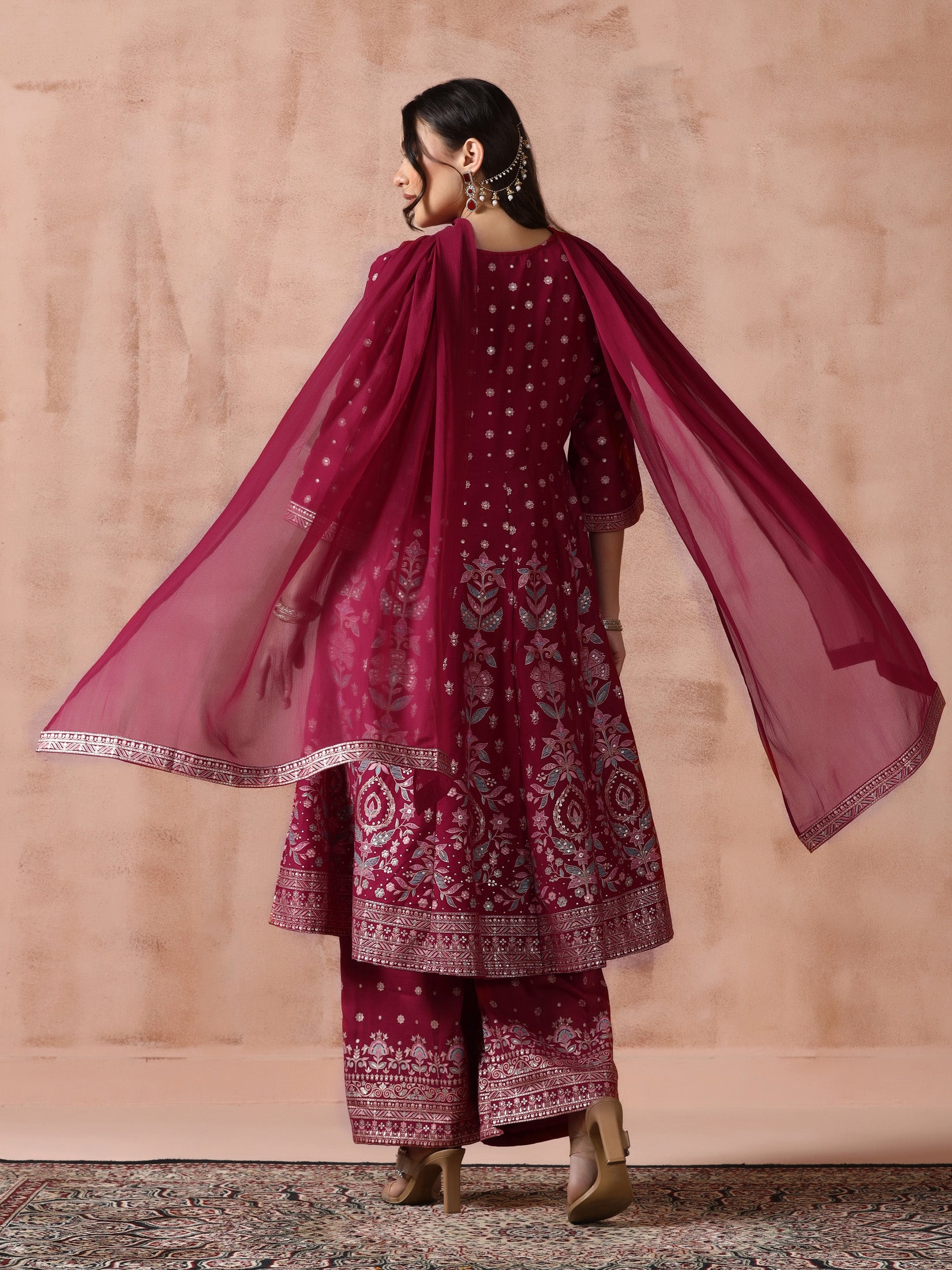 Women Chanderi Fuchsia Printed Kurta Comfort Pant Dupatta