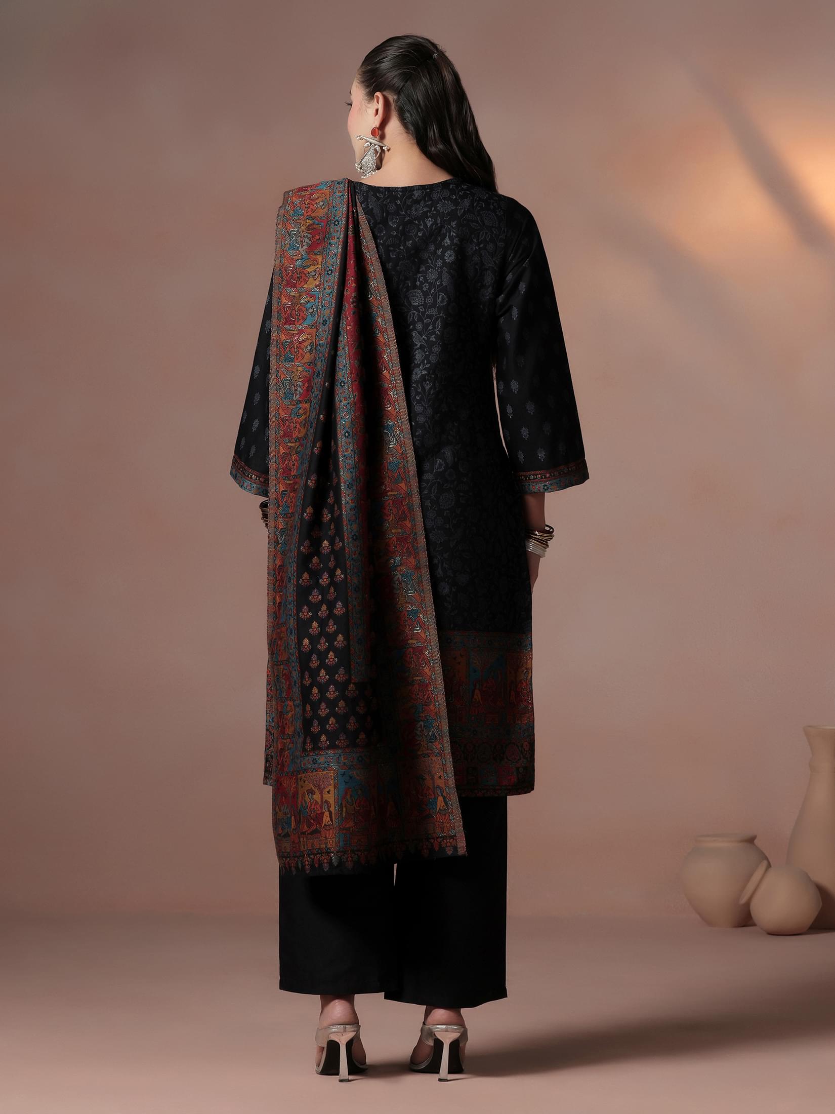 Winter Women Acrylic Jacquard Black Kurta Comfort Pant Dupatta.