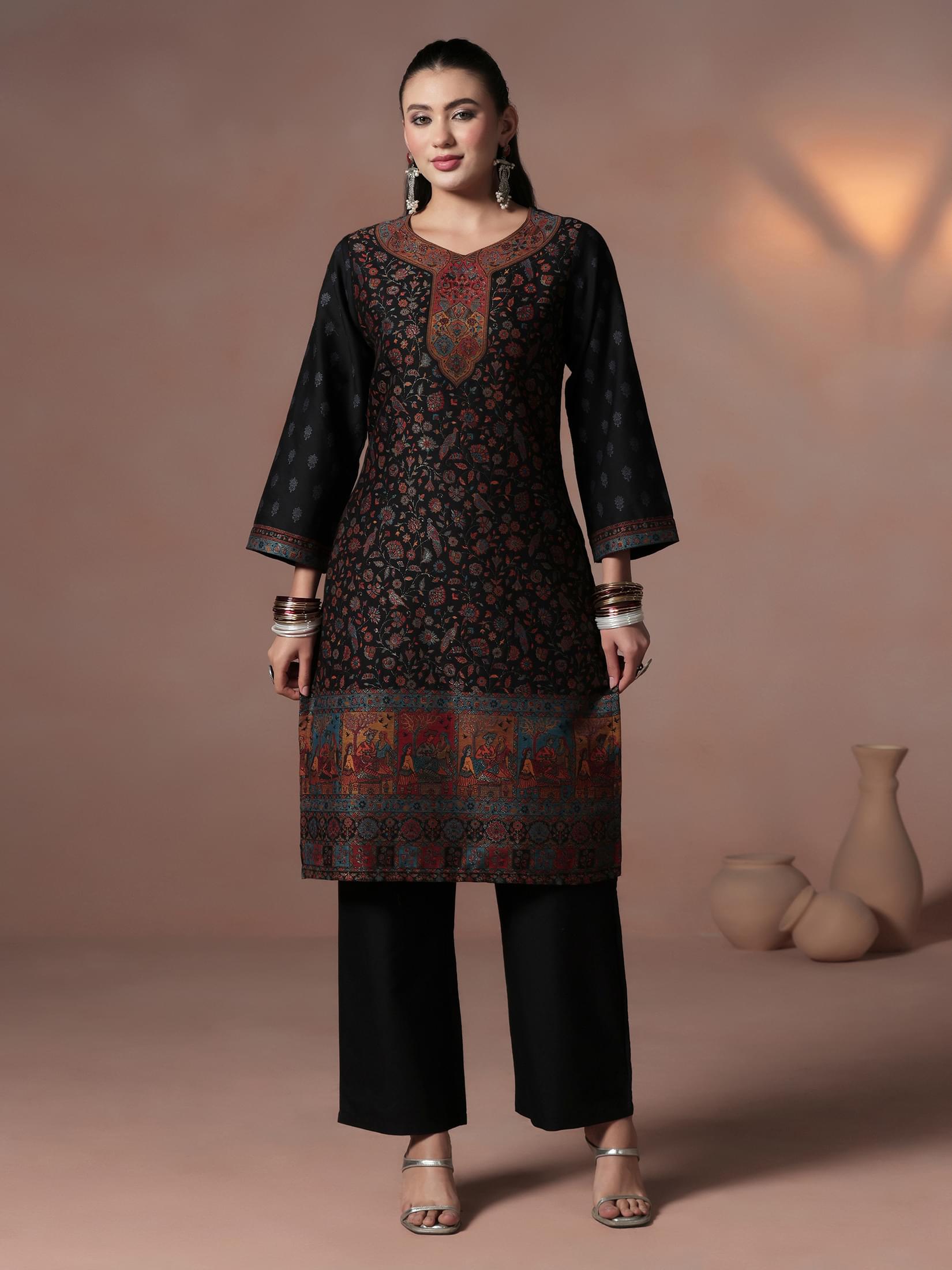 Winter Women Acrylic Jacquard Black Kurta Comfort Pant Dupatta.