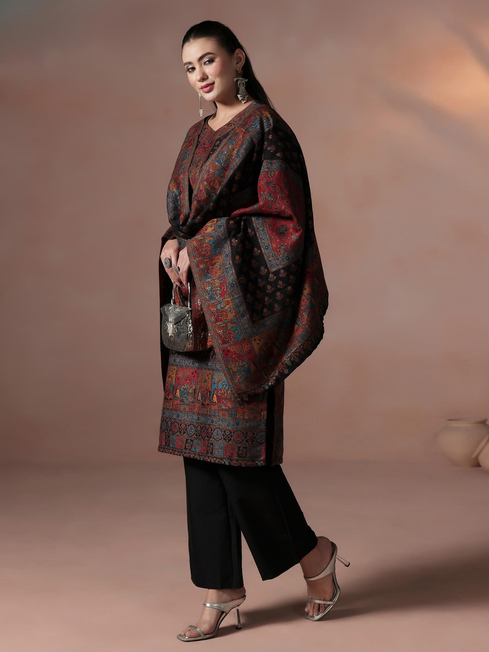 Winter Women Acrylic Jacquard Black Kurta Comfort Pant Dupatta.