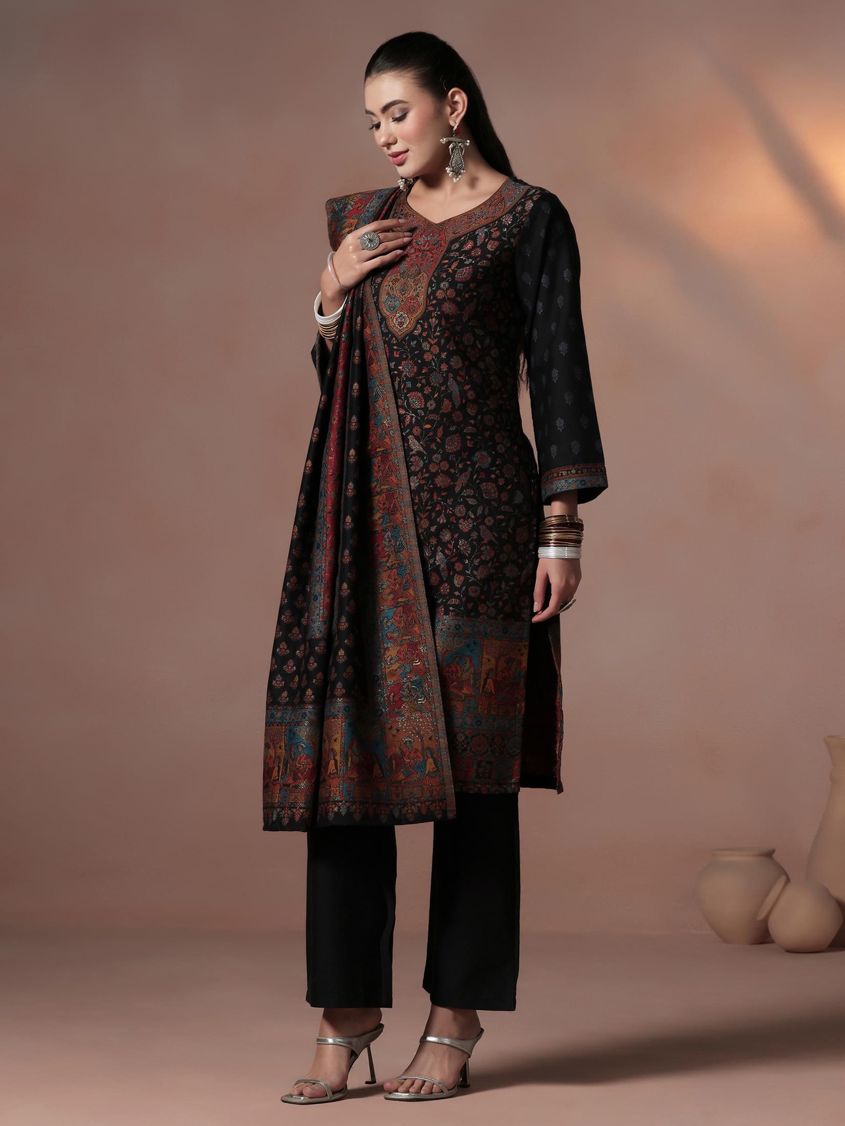 Winter Women Acrylic Jacquard Black Kurta Comfort Pant Dupatta.