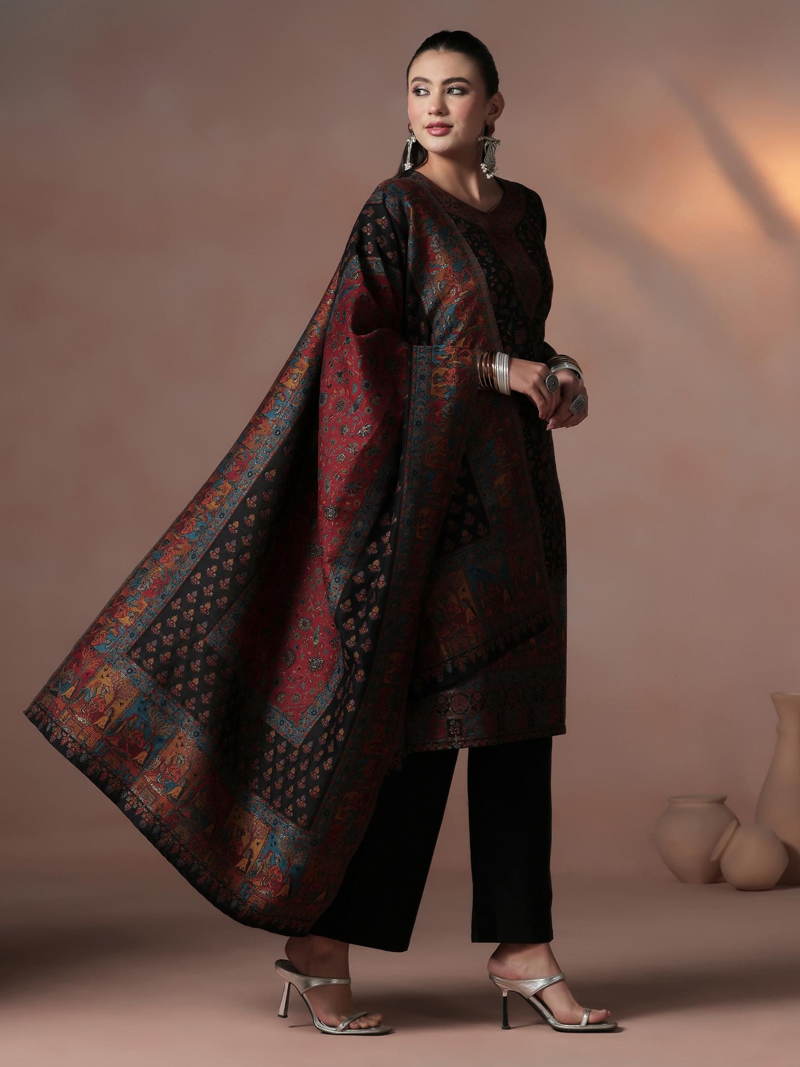 Winter Women Acrylic Jacquard Black Kurta Comfort Pant Dupatta.
