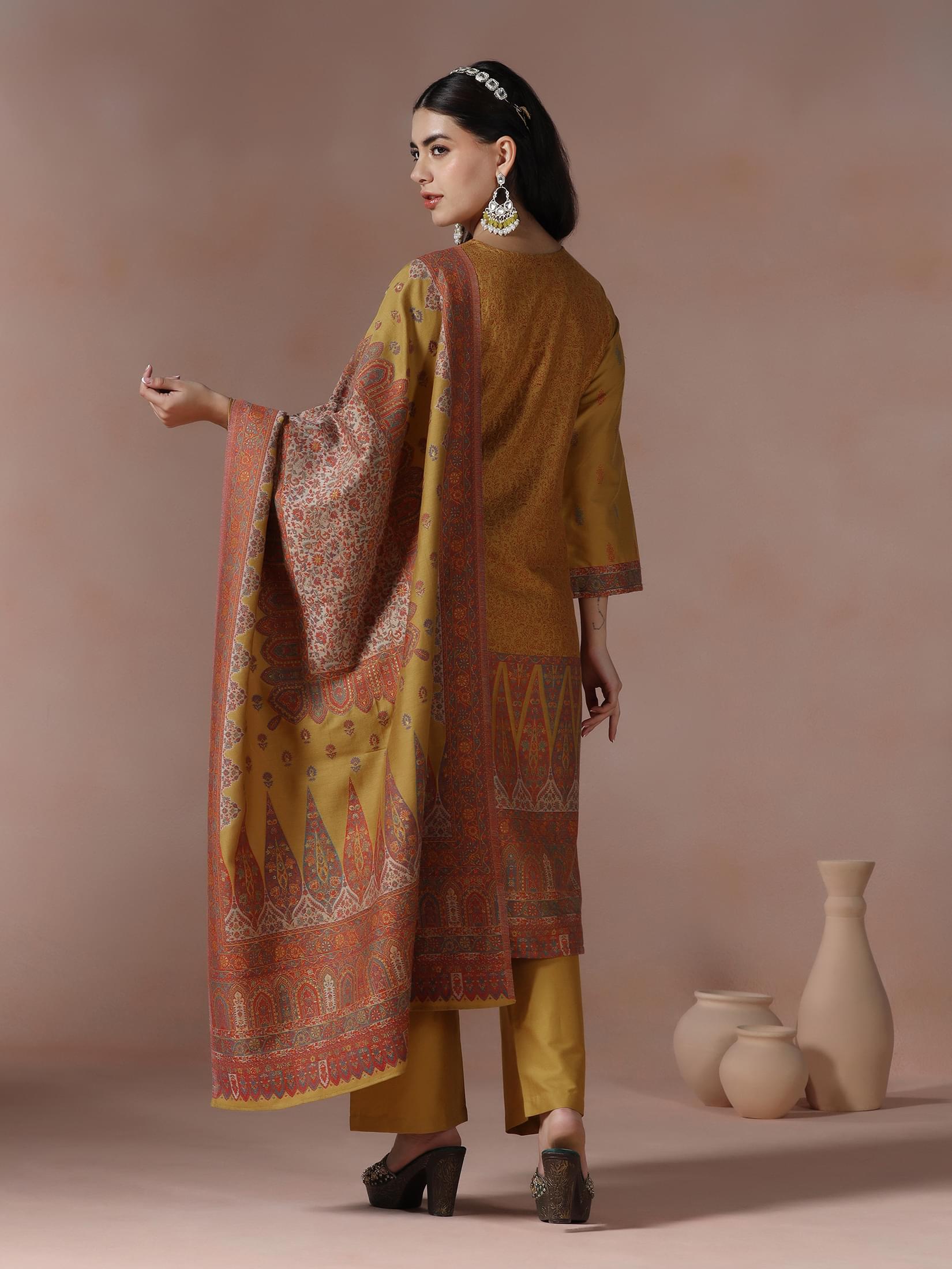 Winter Women Acrylic Jacquard Mustard Woven Kurta Comfort Pant Dupatta.