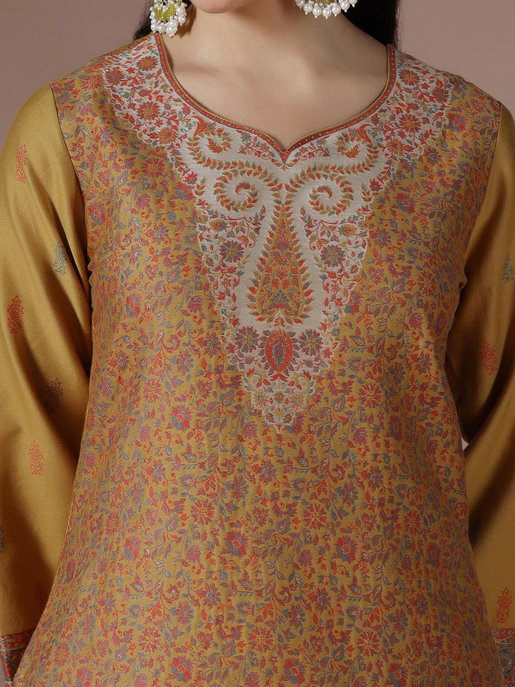 Winter Women Acrylic Jacquard Mustard Woven Kurta Comfort Pant Dupatta.
