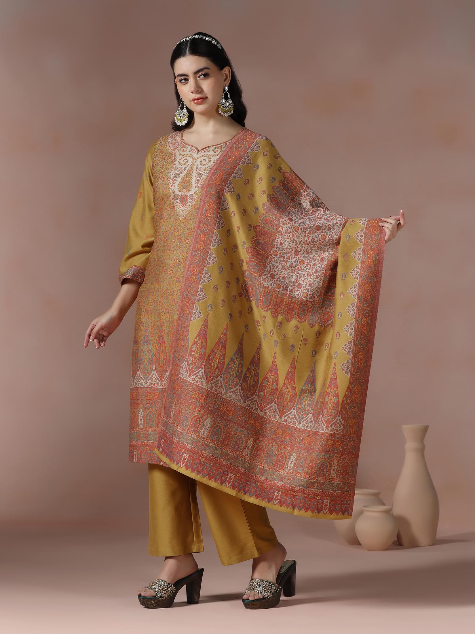 Winter Women Acrylic Jacquard Mustard Woven Kurta Comfort Pant Dupatta.