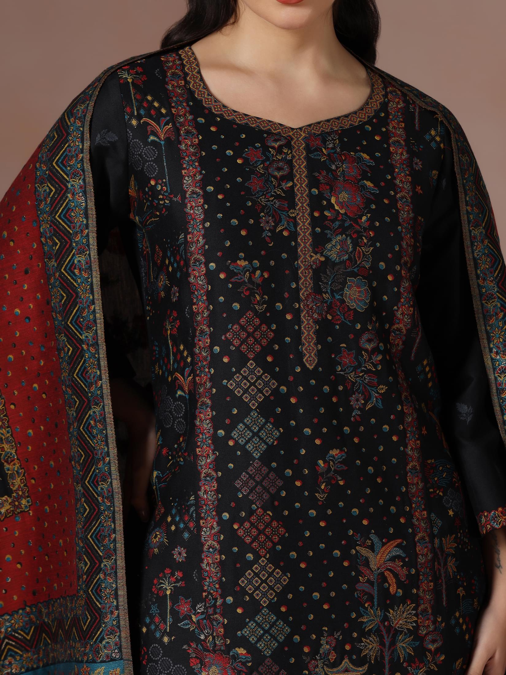 Winter Women Jacquard Black Woven Kurta Comfort Pant Dupatta.