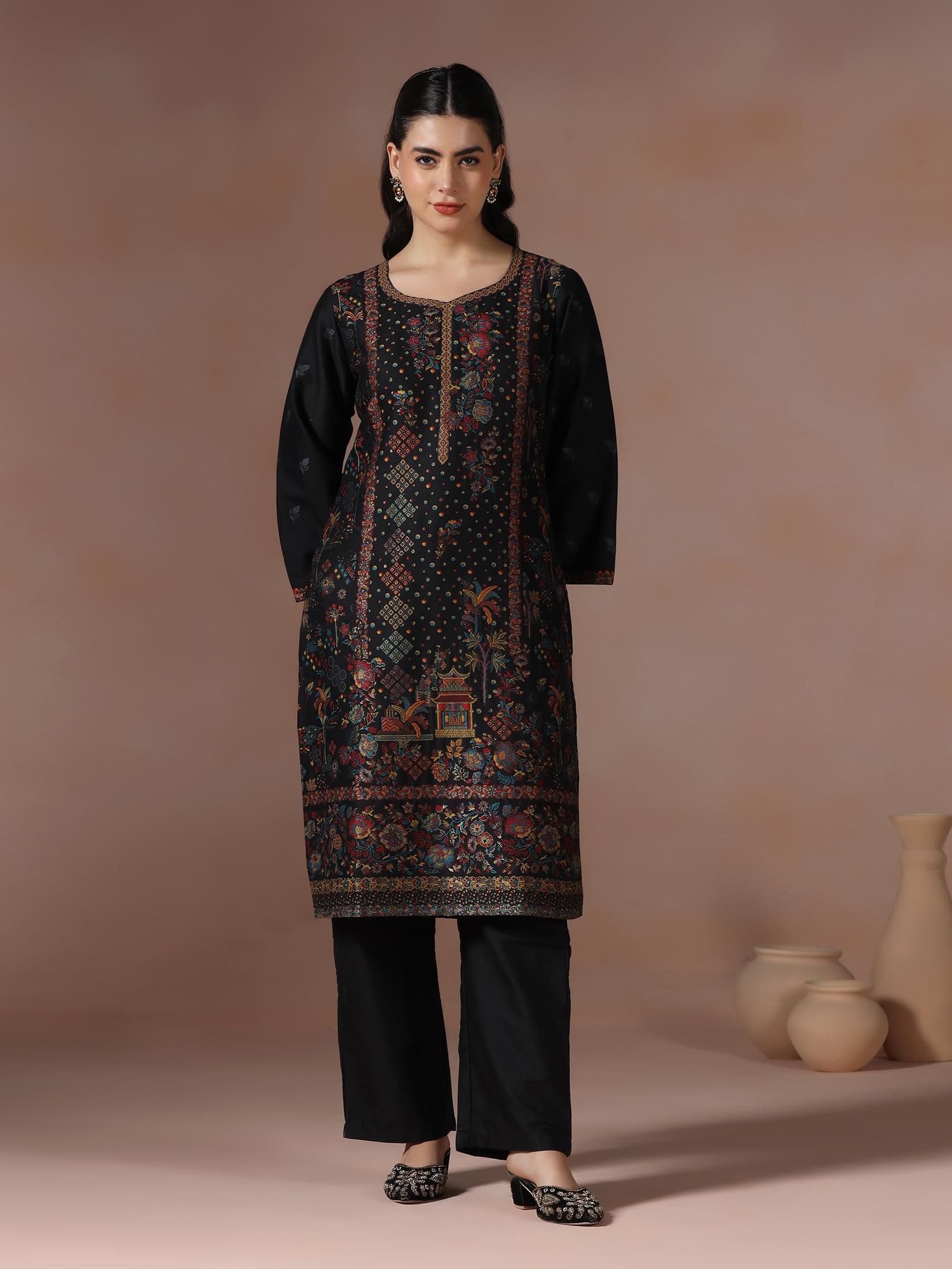 Winter Women Jacquard Black Woven Kurta Comfort Pant Dupatta.