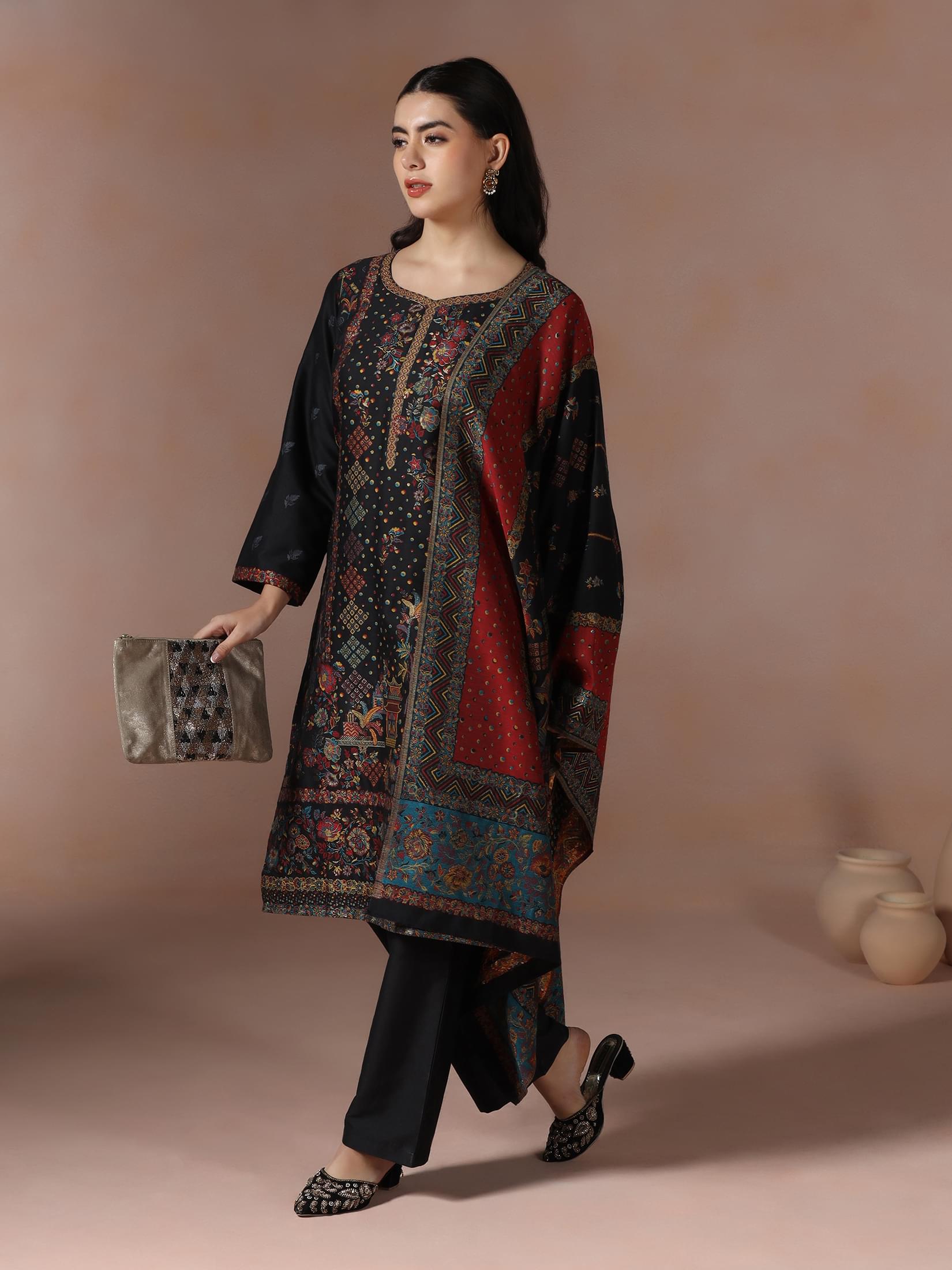 Winter Women Jacquard Black Woven Kurta Comfort Pant Dupatta.