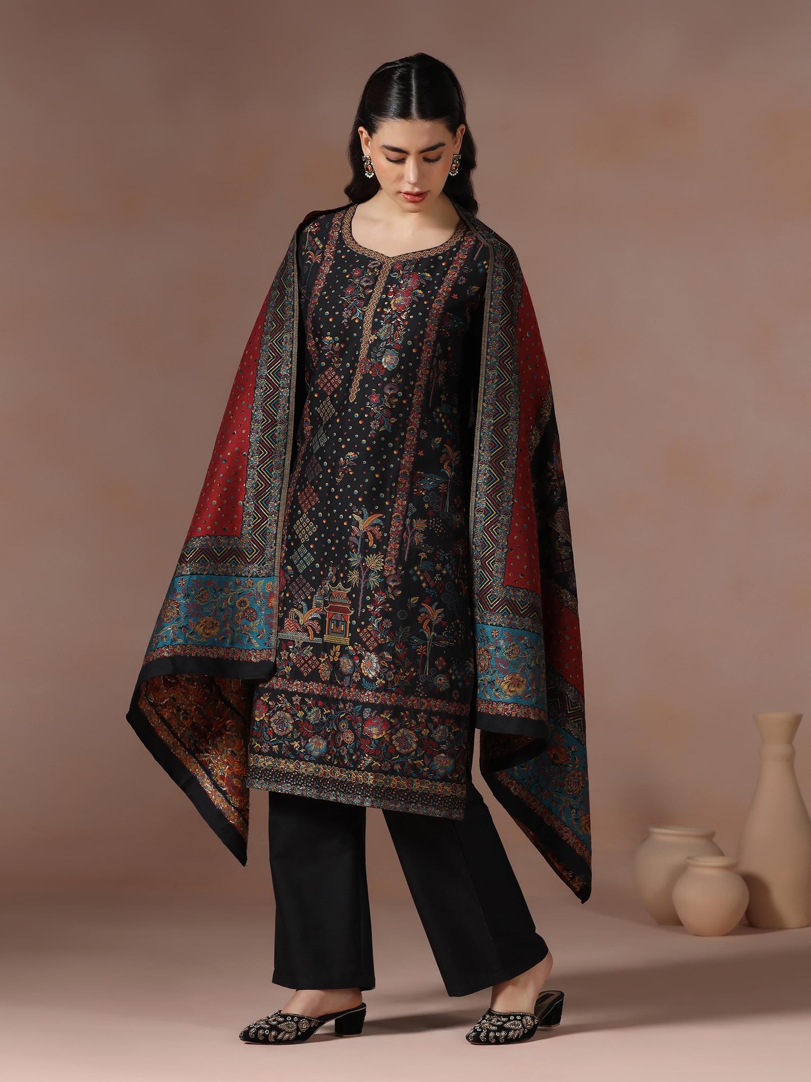 Winter Women Jacquard Black Woven Kurta Comfort Pant Dupatta.
