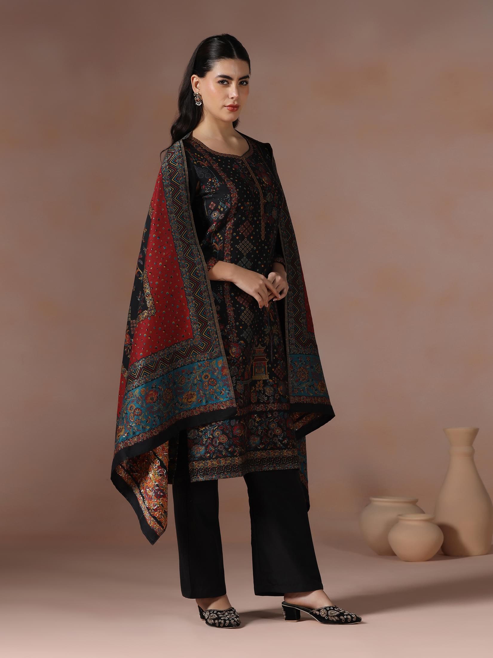 Winter Women Jacquard Black Woven Kurta Comfort Pant Dupatta.