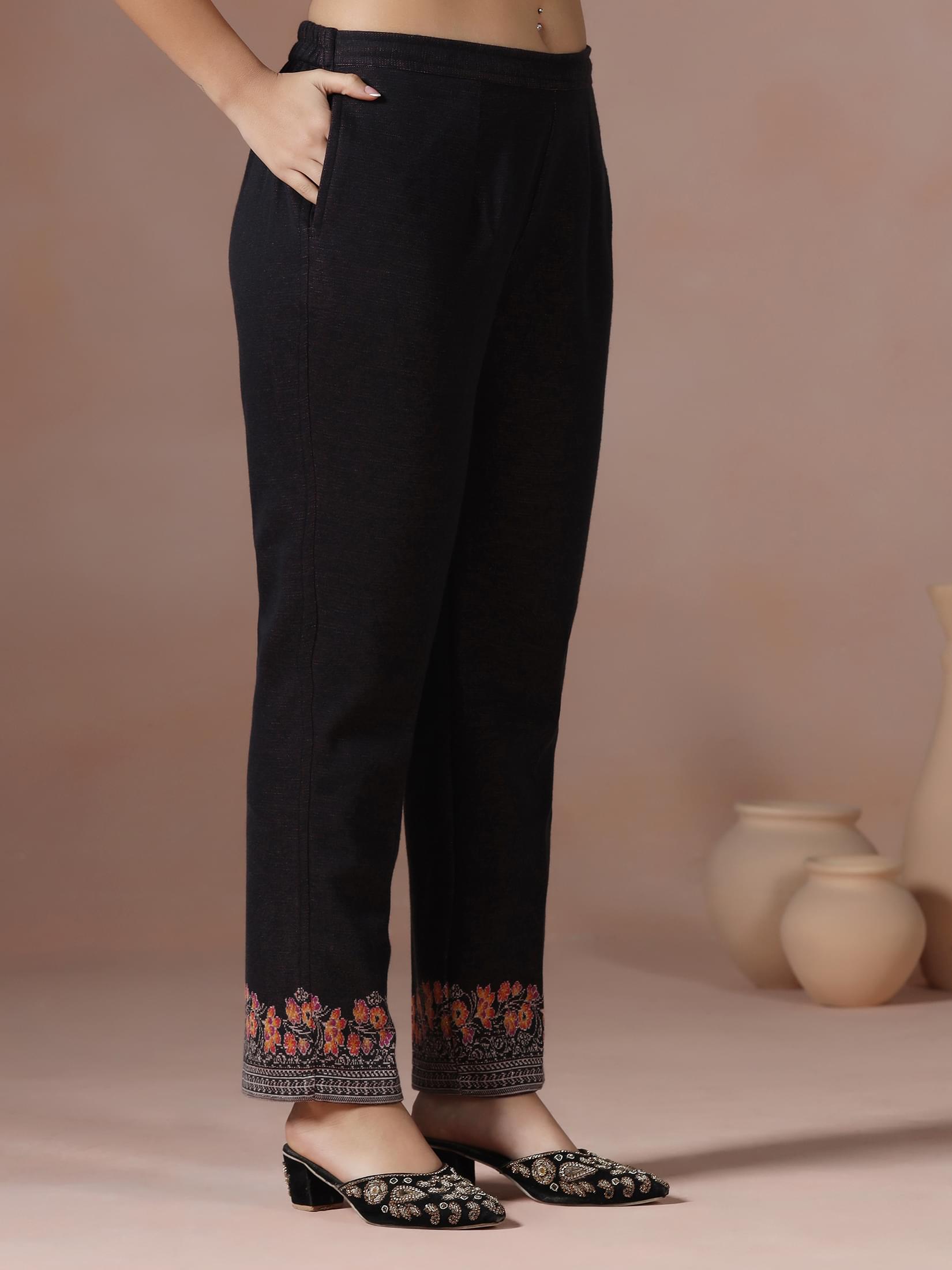 Winter Women Acrylic Jacquard Black Woven Kurta Comfort Pant Dupatta.