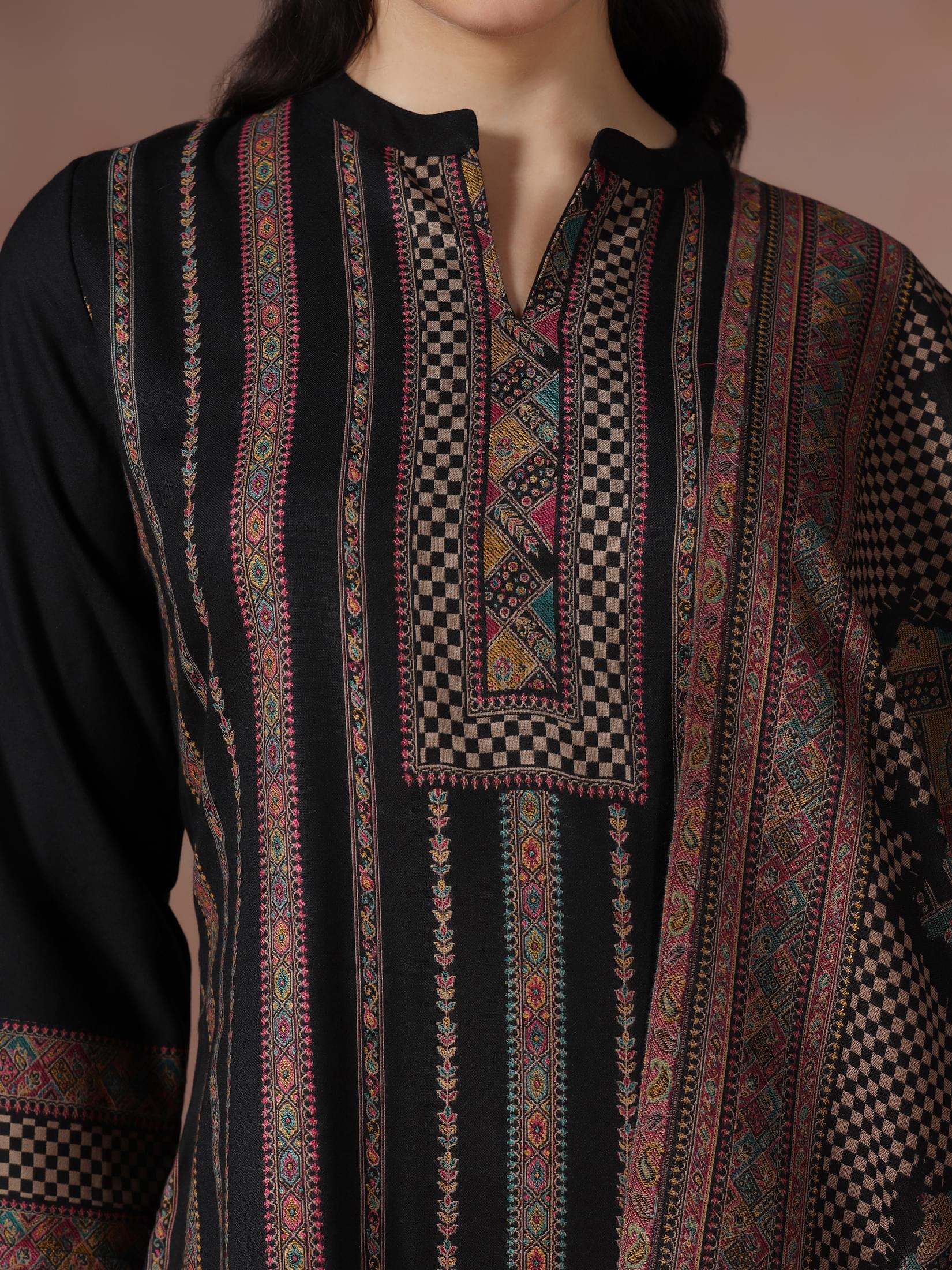 Winter Women Acrylic Jacquard Black Woven Kurta Comfort Pant Dupatta.