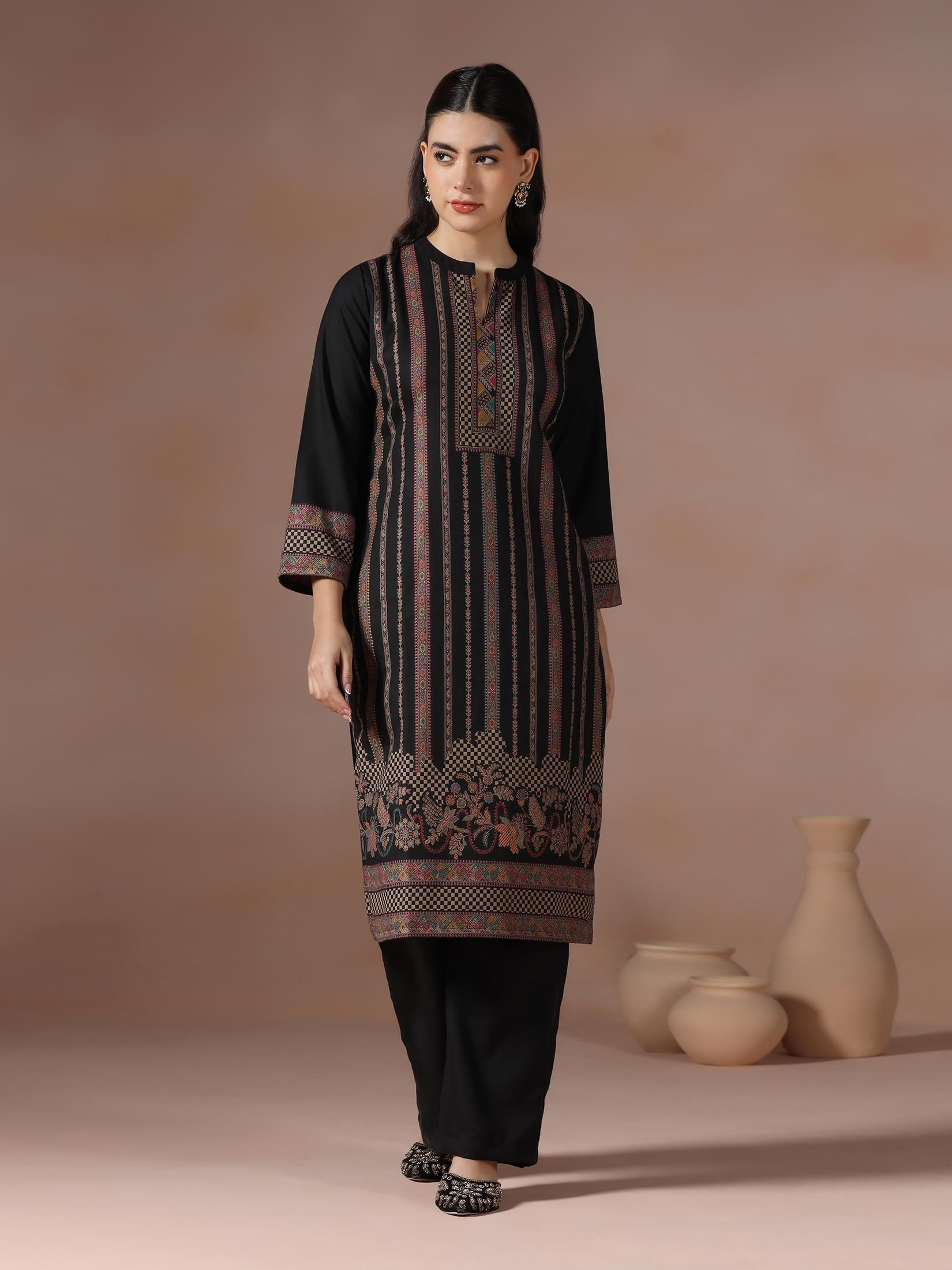 Winter Women Acrylic Jacquard Black Woven Kurta Comfort Pant Dupatta.