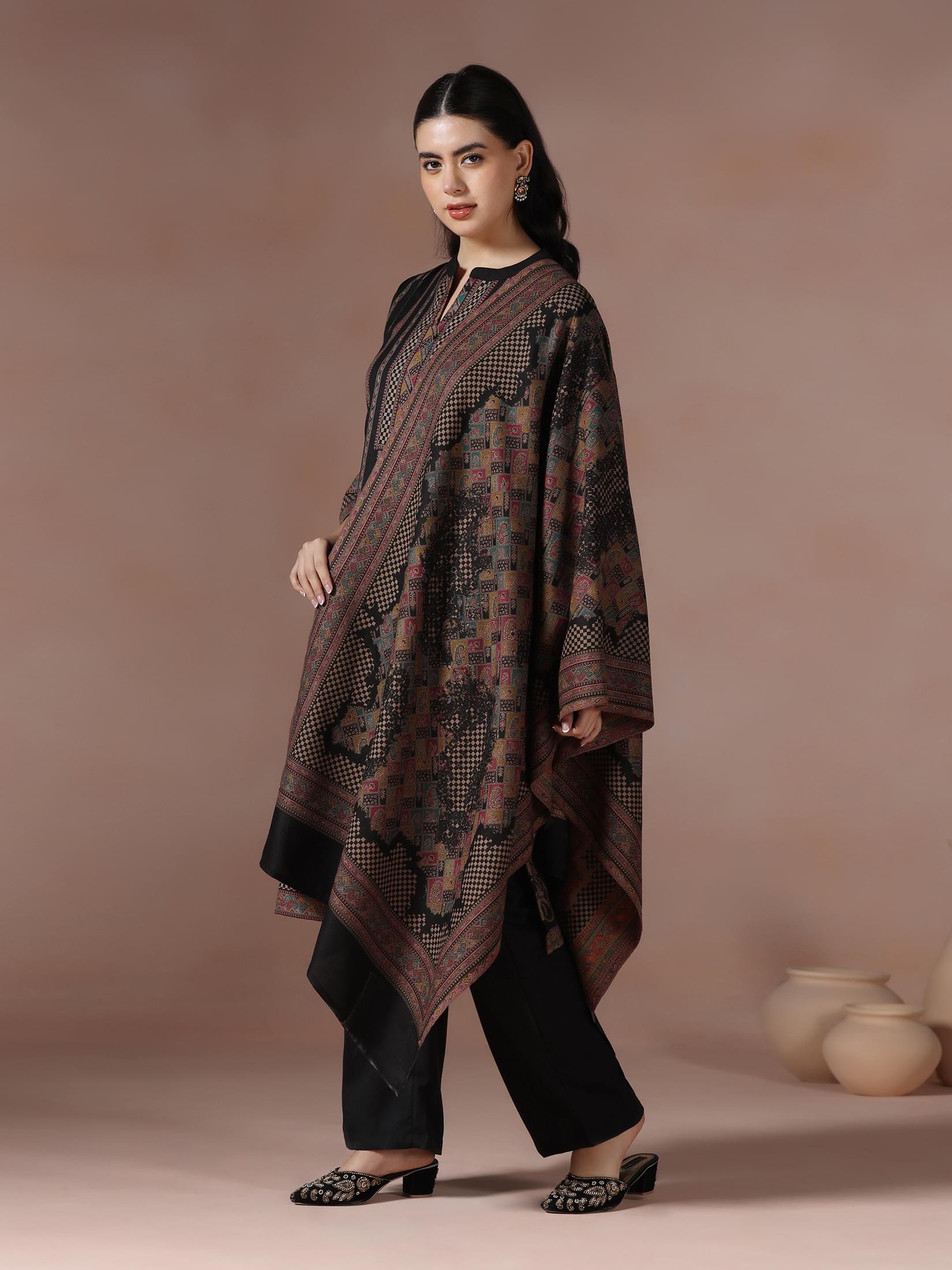 Winter Women Acrylic Jacquard Black Woven Kurta Comfort Pant Dupatta.