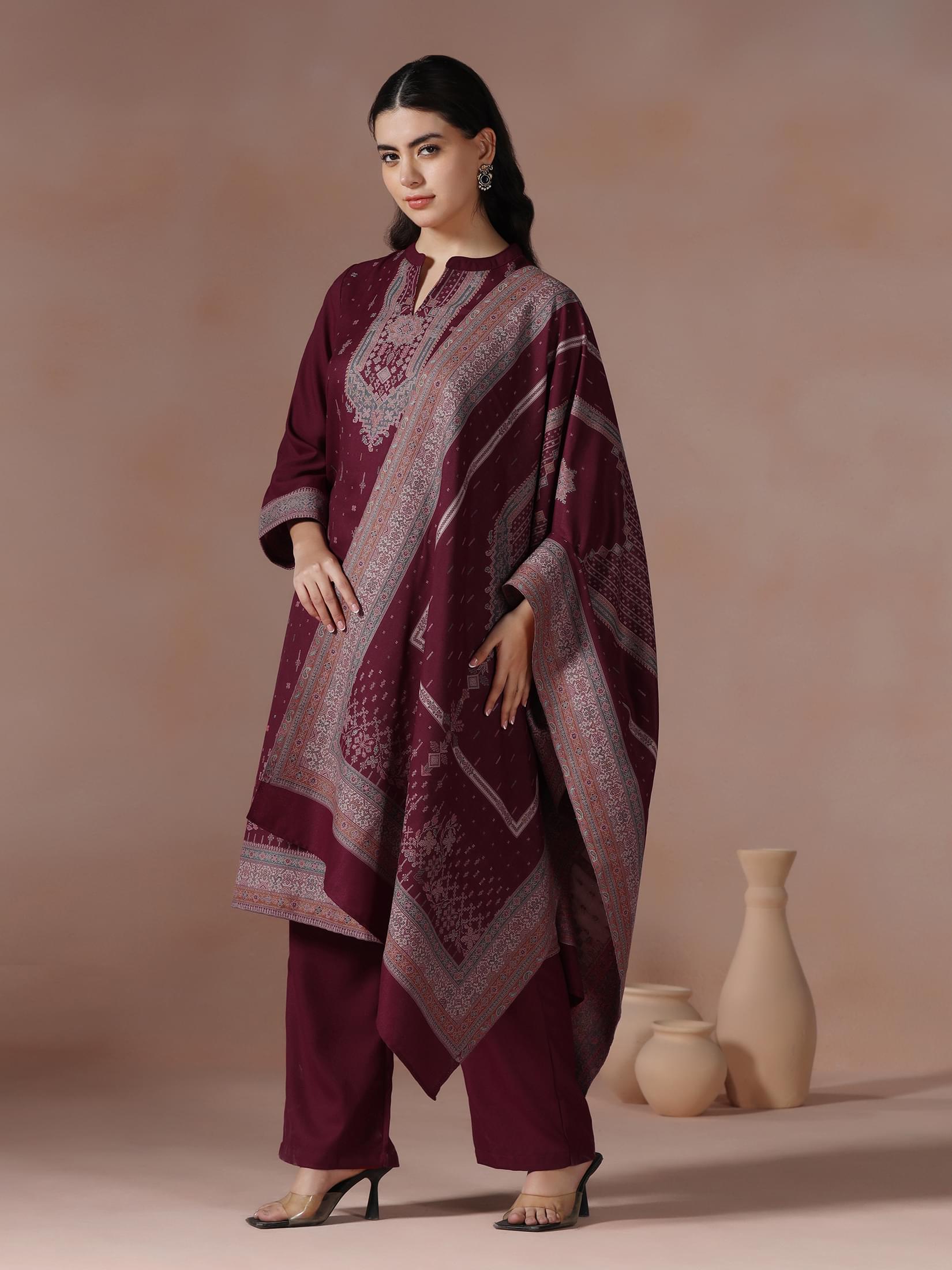 Winter Women Acrylic Jacquard Fuchsia Woven Kurta Comfort Pant Dupatta.