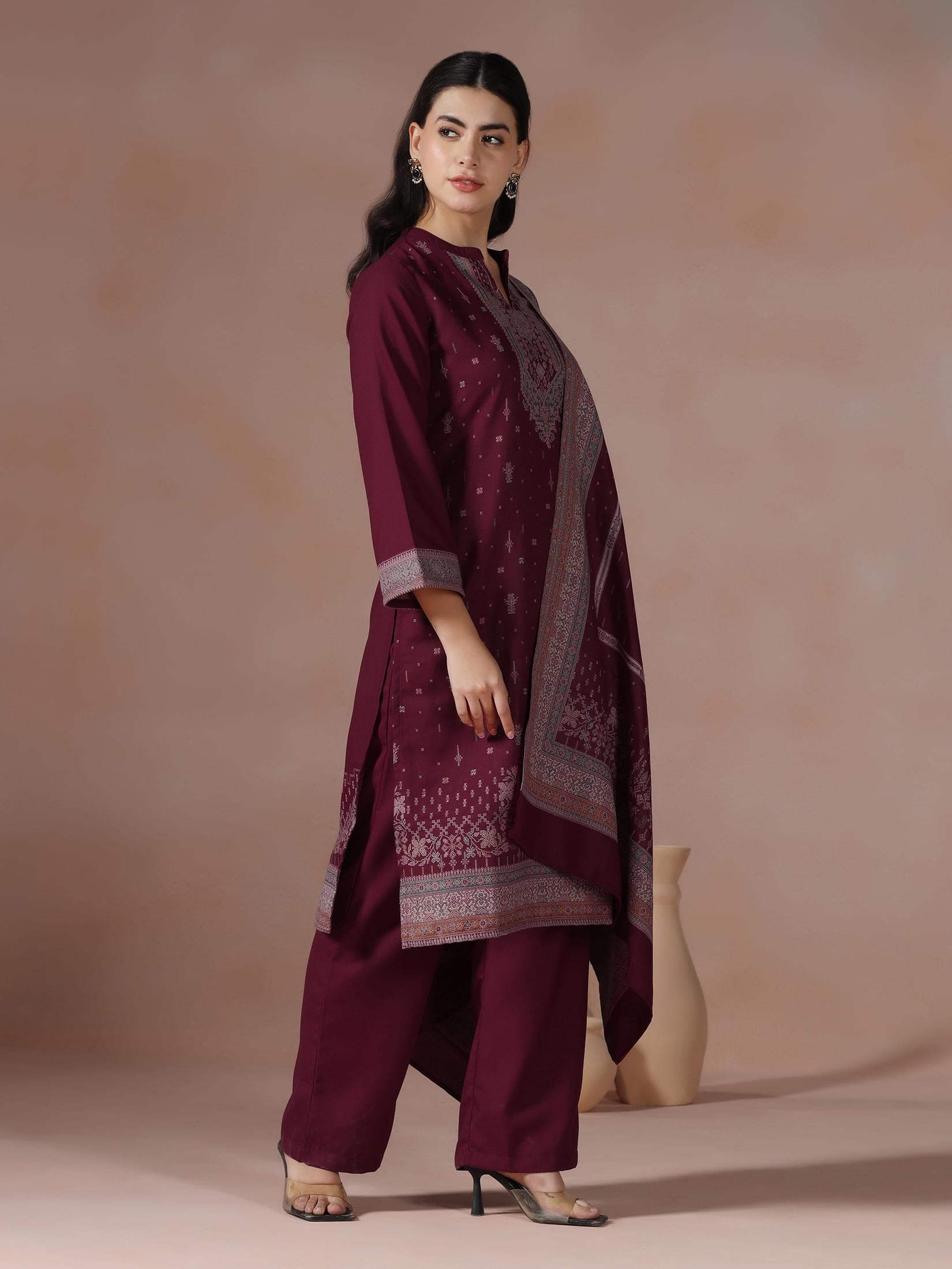 Winter Women Acrylic Jacquard Fuchsia Woven Kurta Comfort Pant Dupatta.