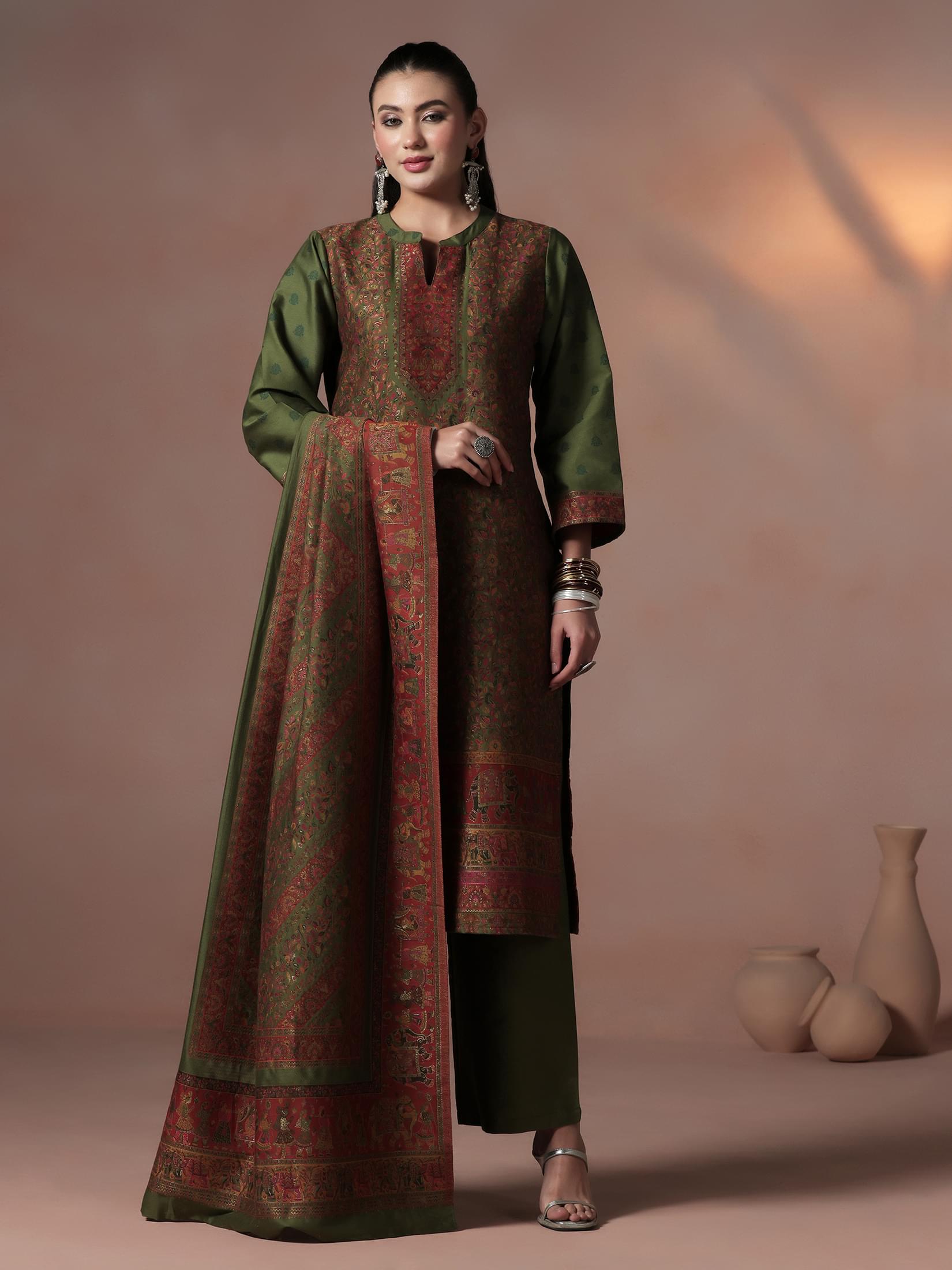 Winter Women Acrylic Jacquard Green Kurta Comfort Pant Dupatta.
