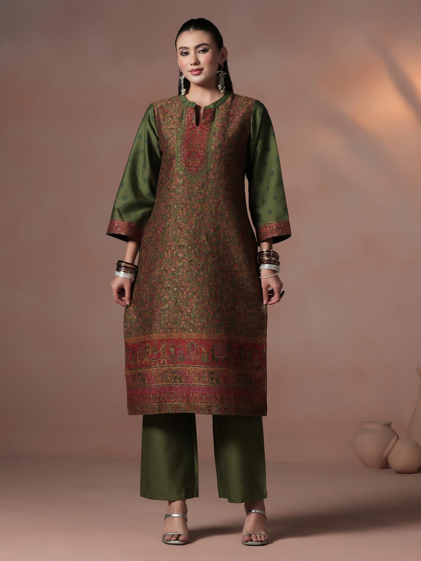Winter Women Acrylic Jacquard Green Kurta Comfort Pant Dupatta.