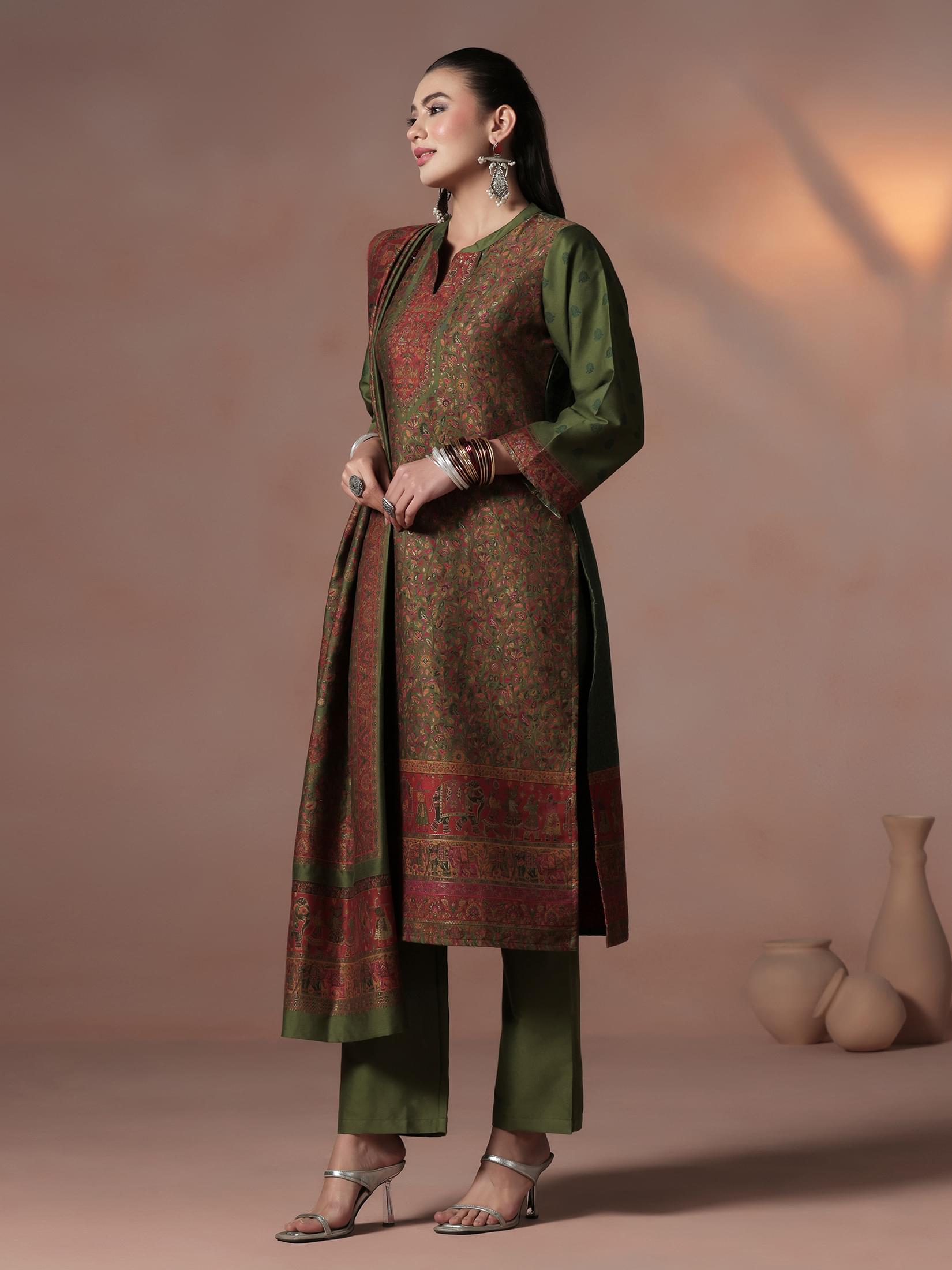 Winter Women Acrylic Jacquard Green Kurta Comfort Pant Dupatta.