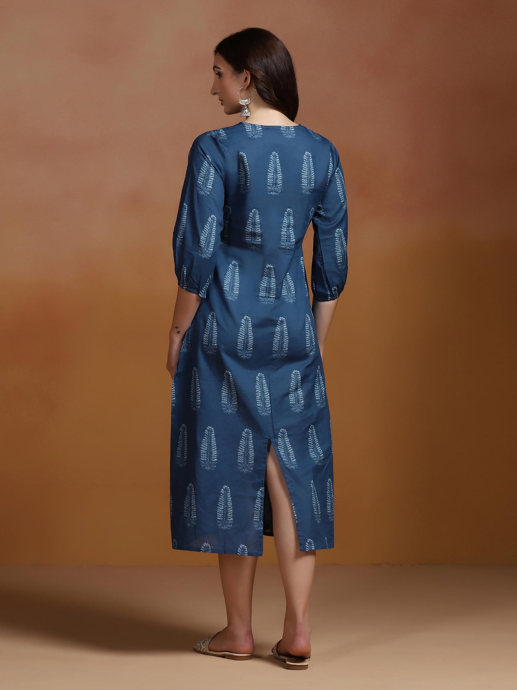 Women Cotton Blue Printed Dress.