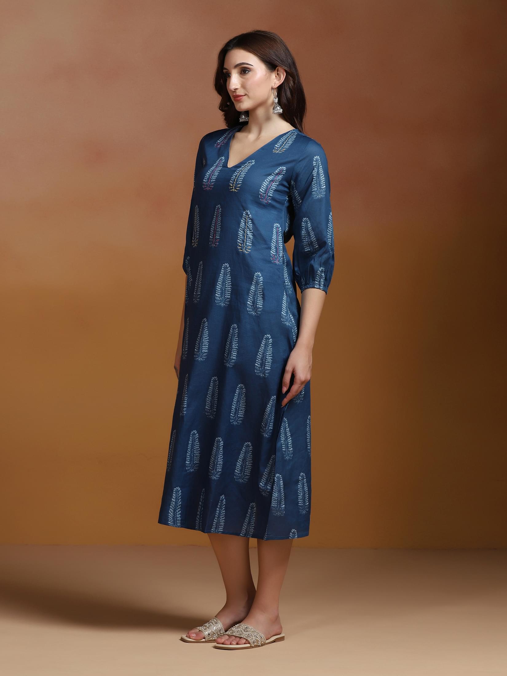 Women Cotton Blue Printed Dress.