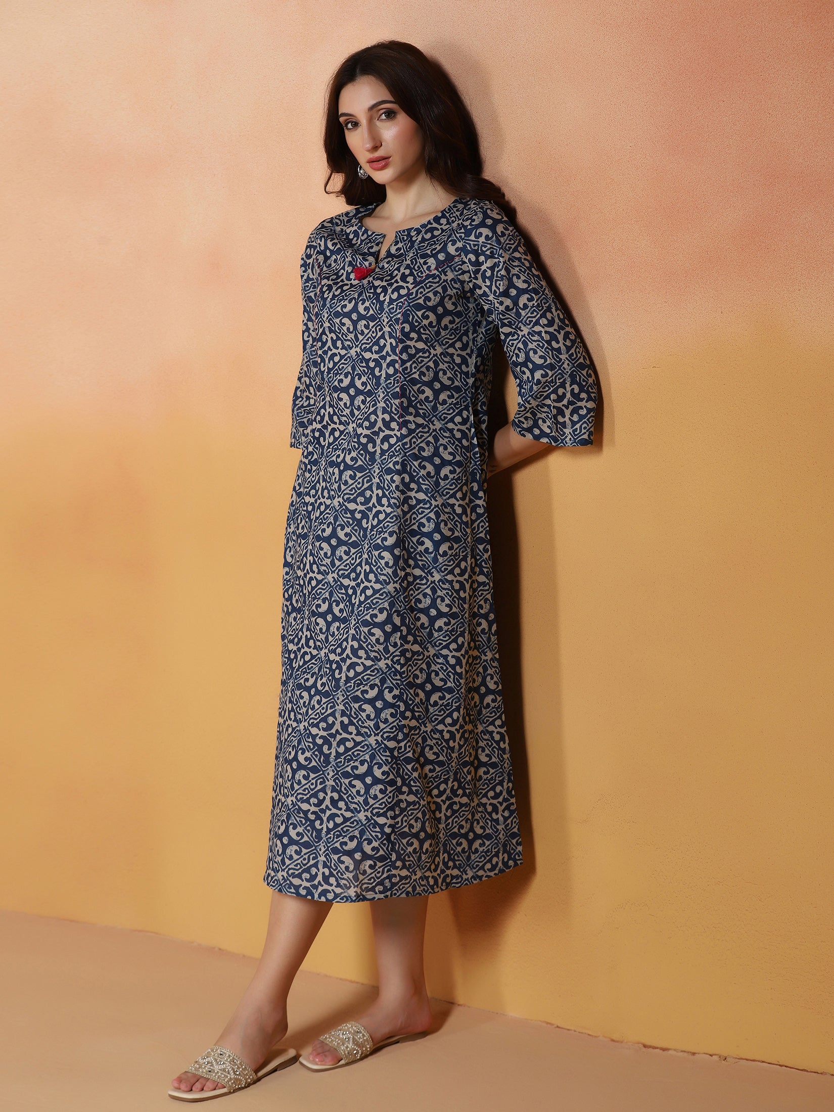 Women Indigo Cotton Printed Dress