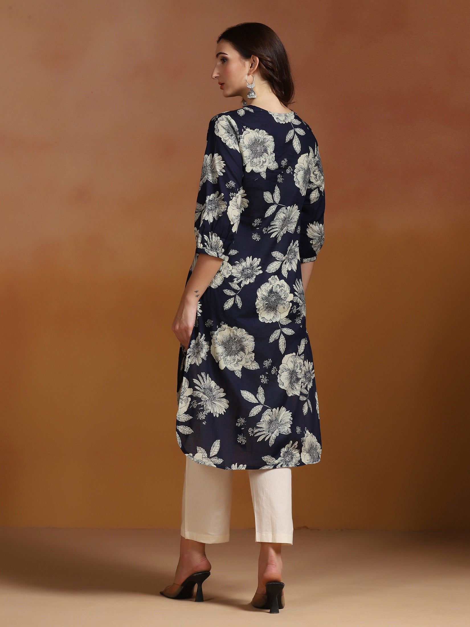 Women Cotton Navy Blue Printed Kurta
