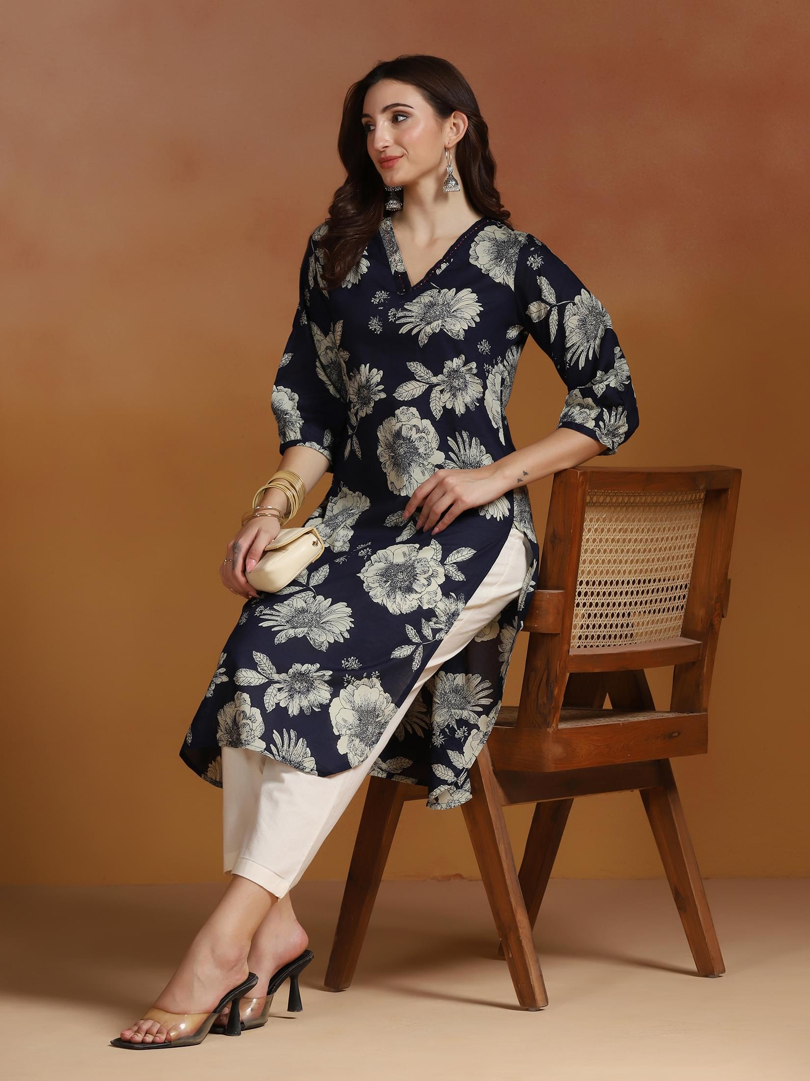 Classic navy blue printed pure cotton everyday wear straight kurta