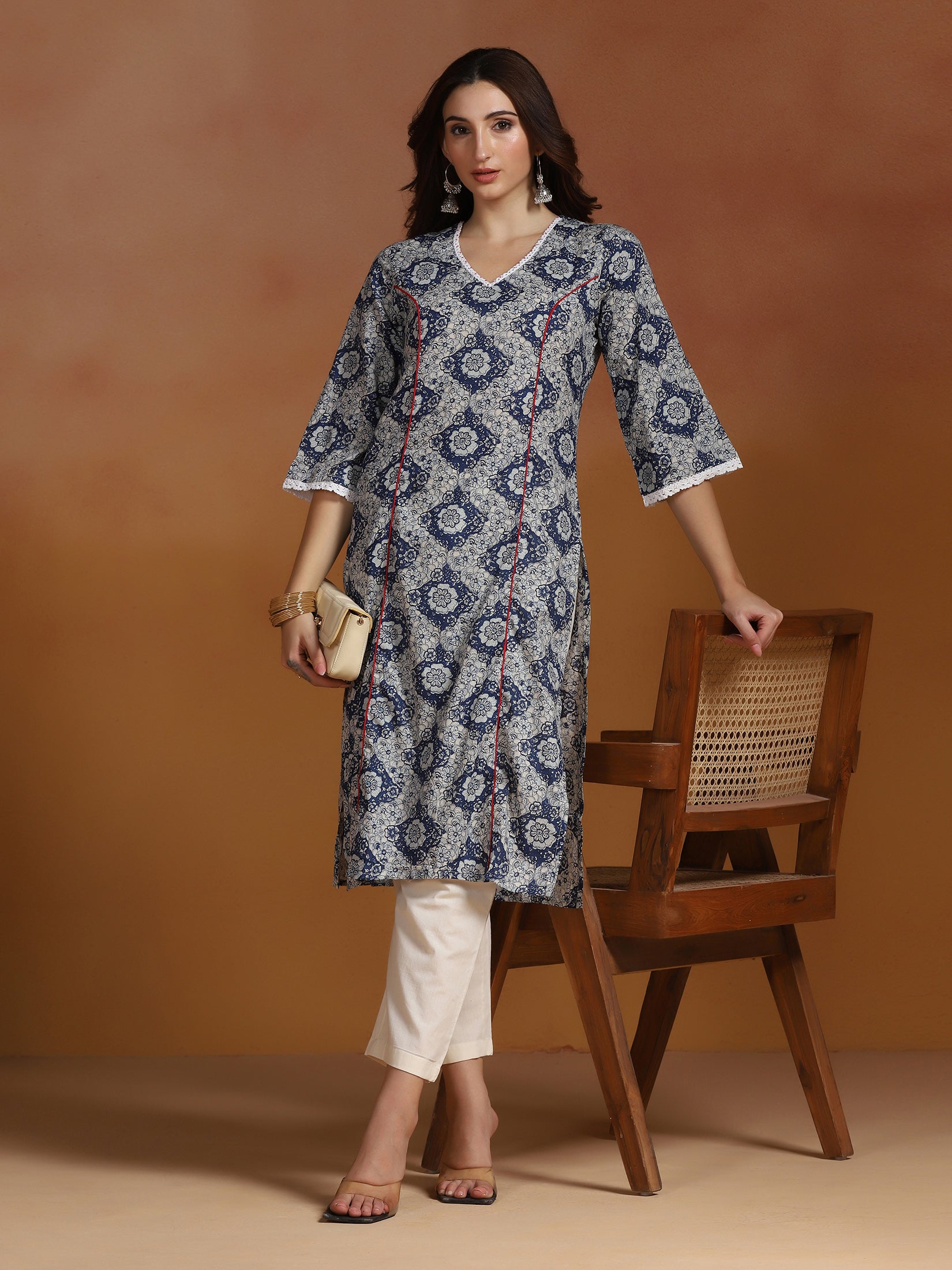Women Cotton Blue Printed Kurta