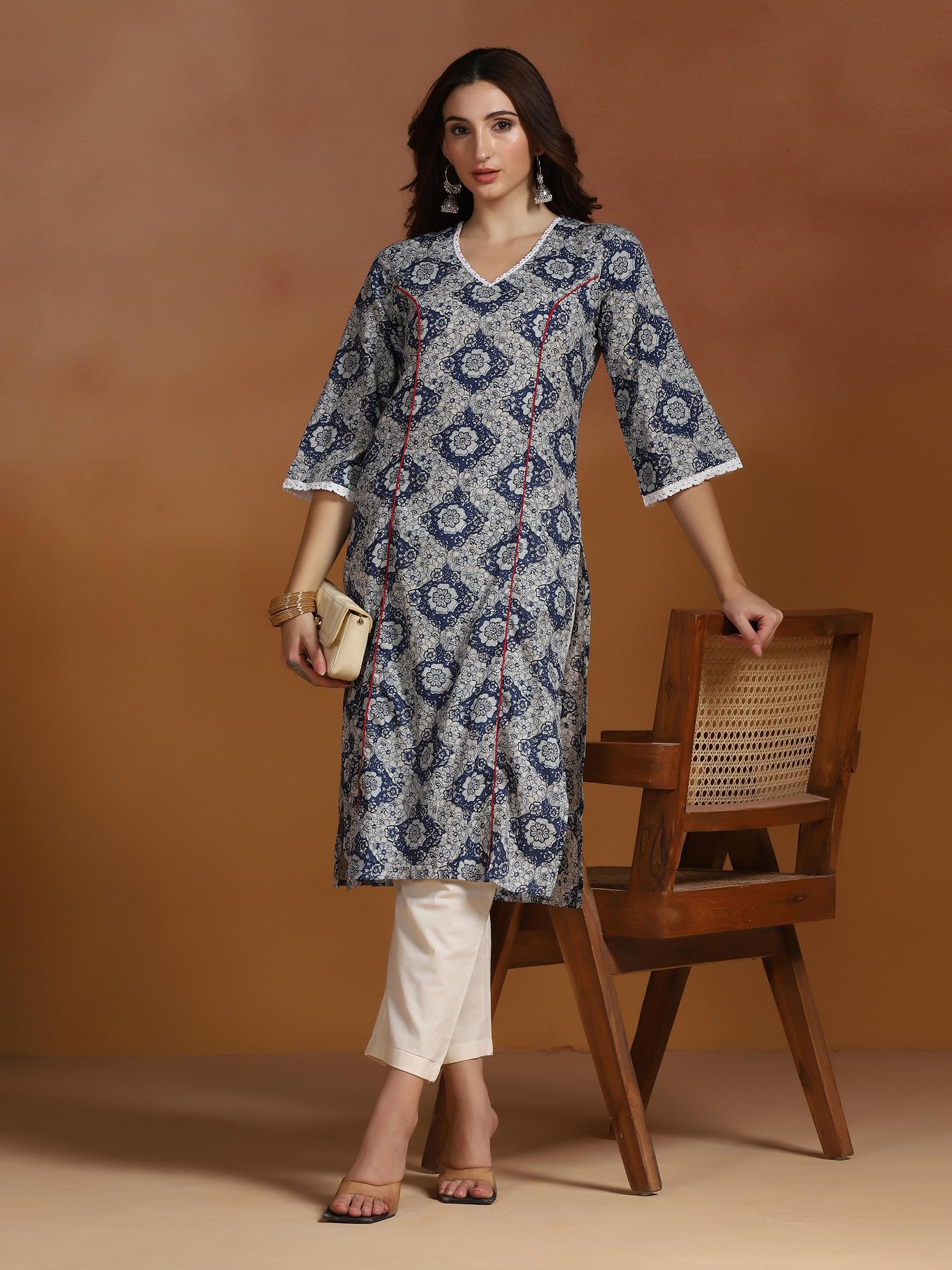 Summer special blue printed cotton comfort fit regular kurta