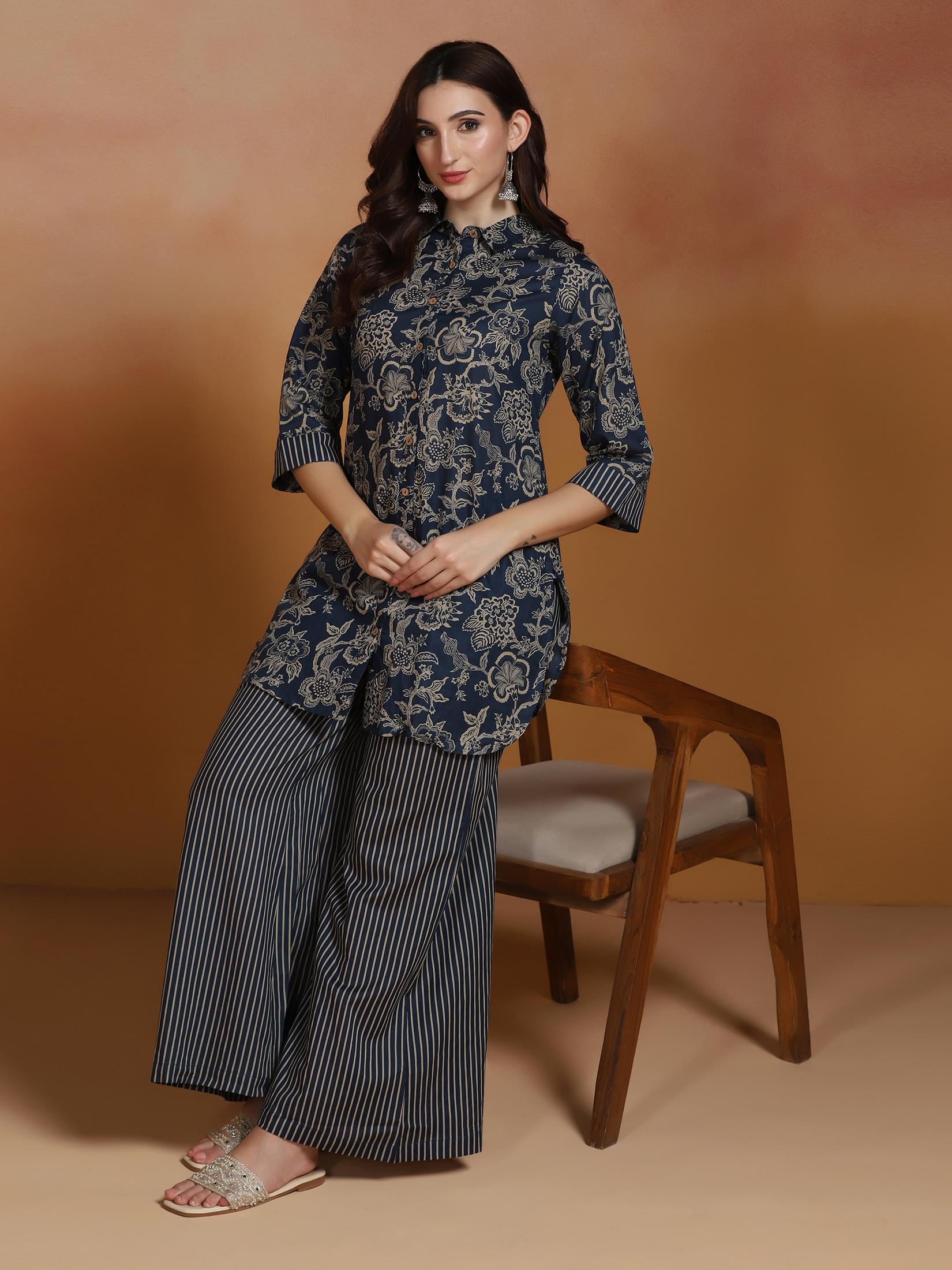Indigo printed cambric cotton traditional kurta with stylish wide leg pants