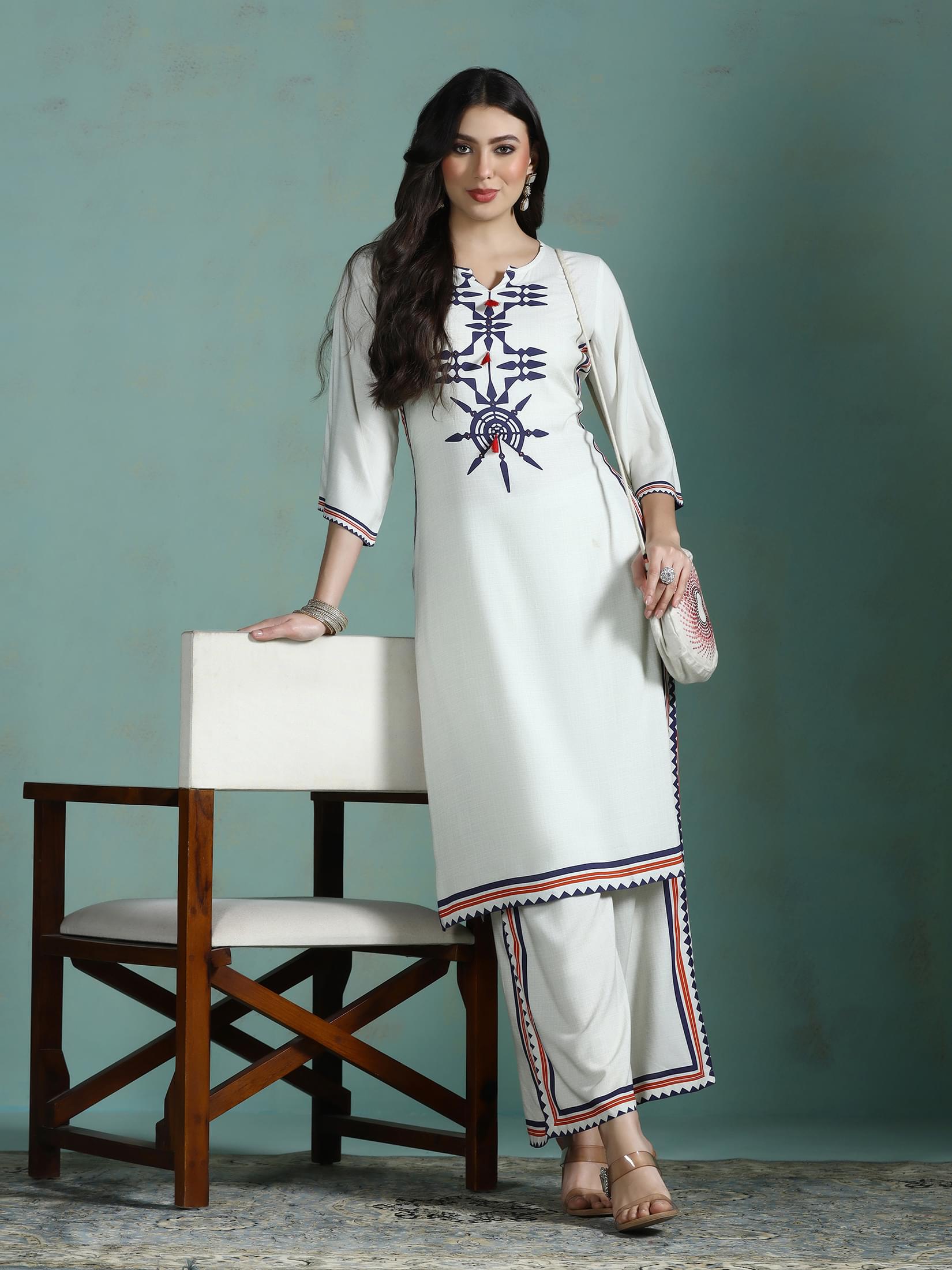 Soft cream printed Liva fabric regular fit casual wear kurta set byshree