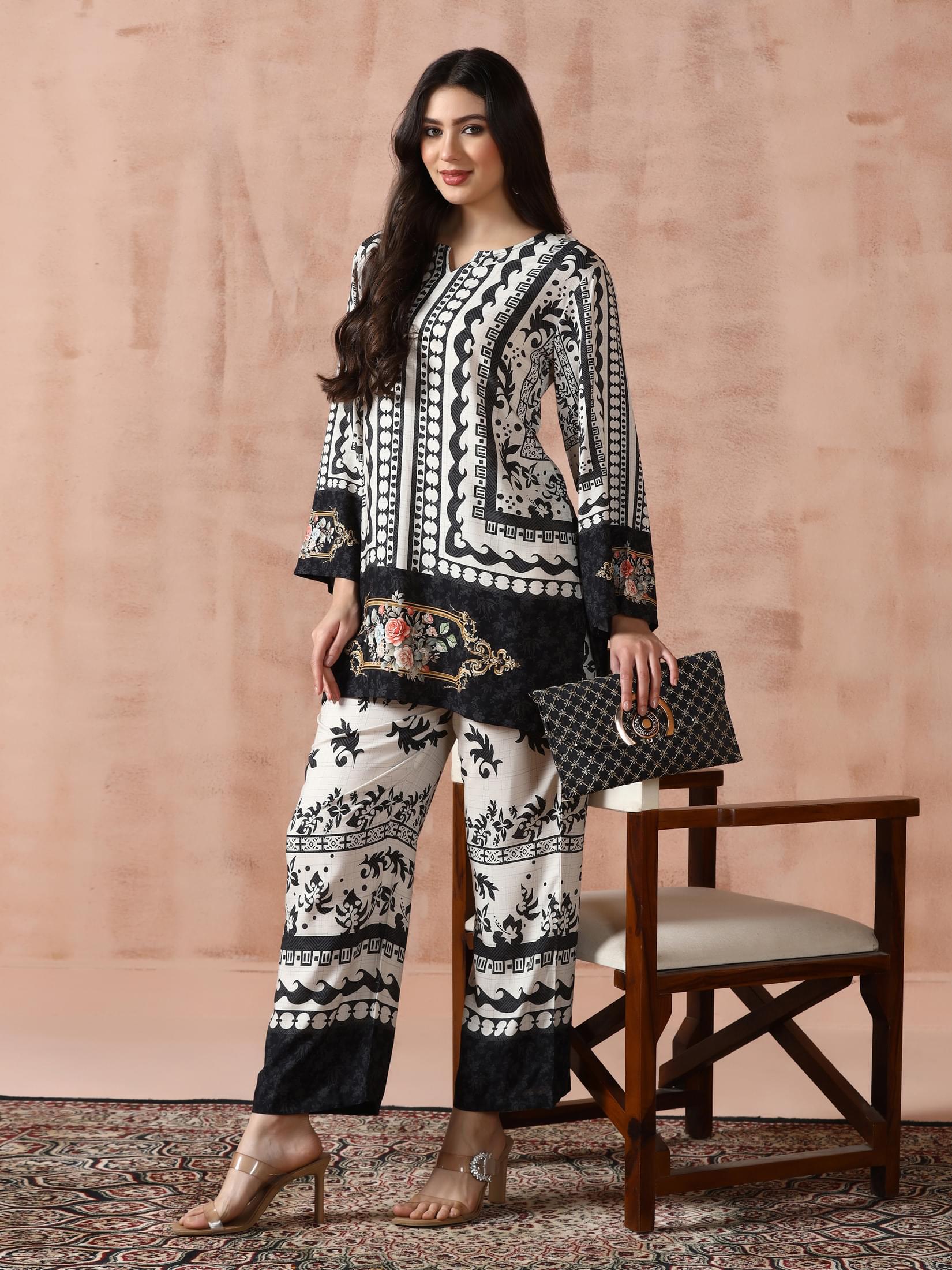 Contrast beige and black geometric print Liva fabric comfort fit kurta set