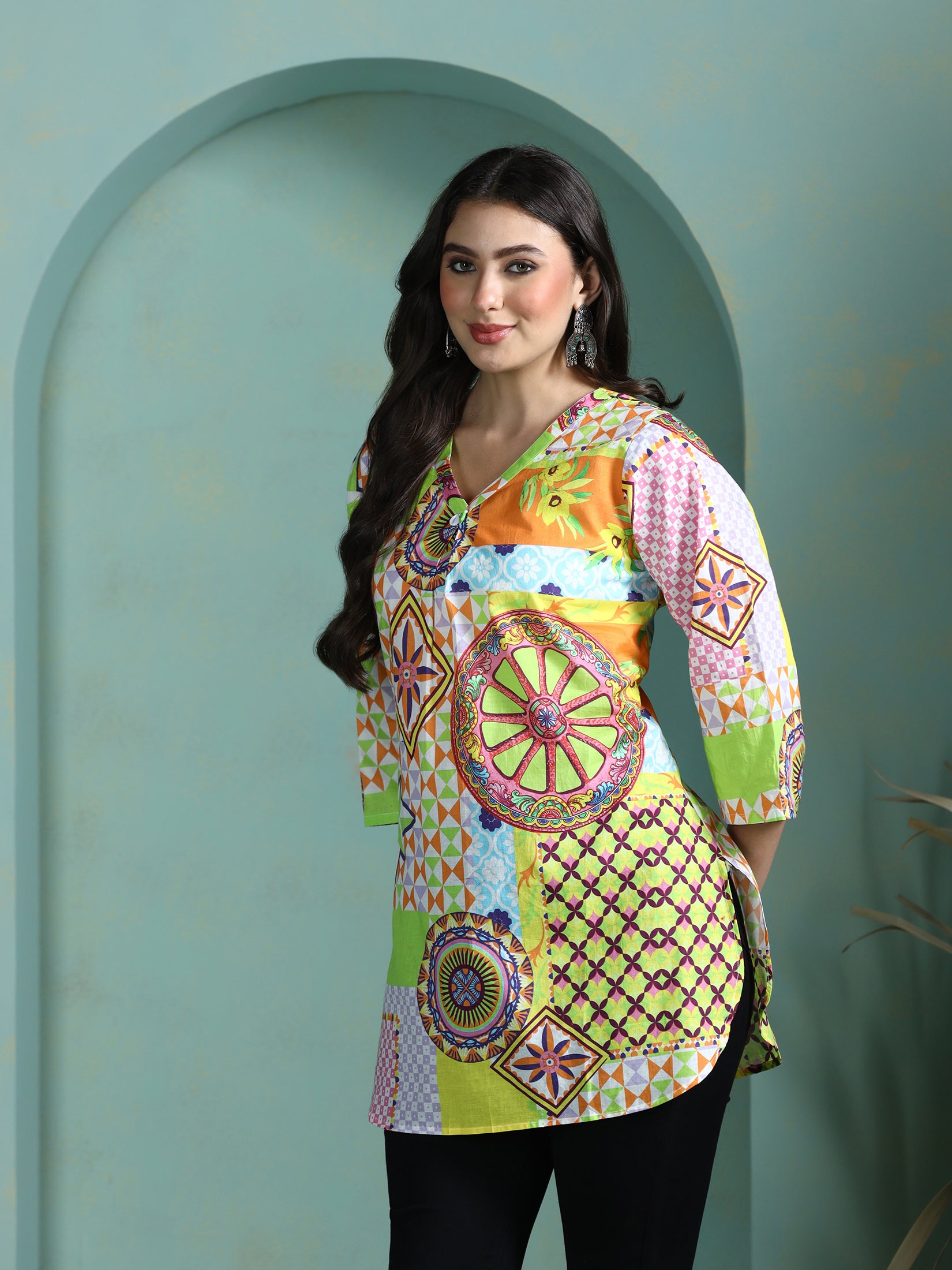 Women Cotton Multicolor Printed Tunic