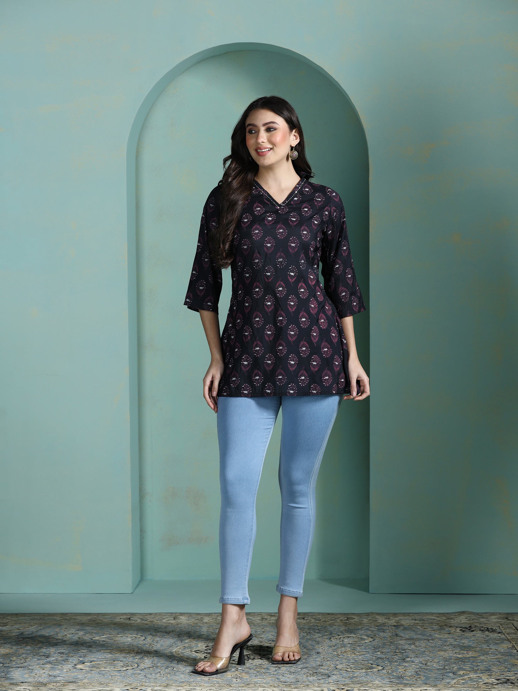 Women Chanderi Black Printed Tunic