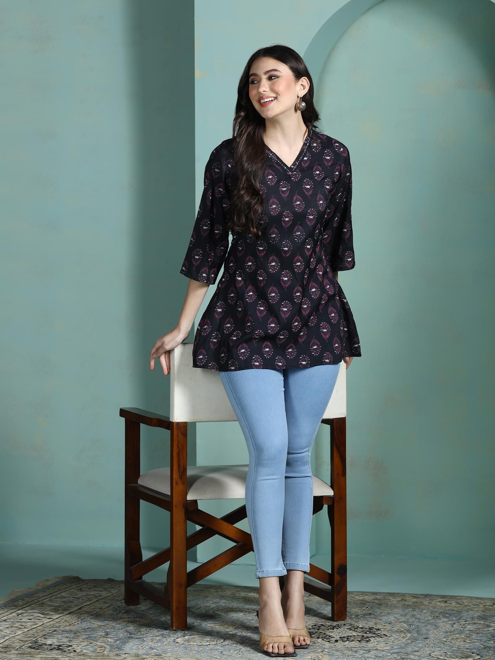 Midnight black printed Chanderi silk blend casual short tunic shirt byshree