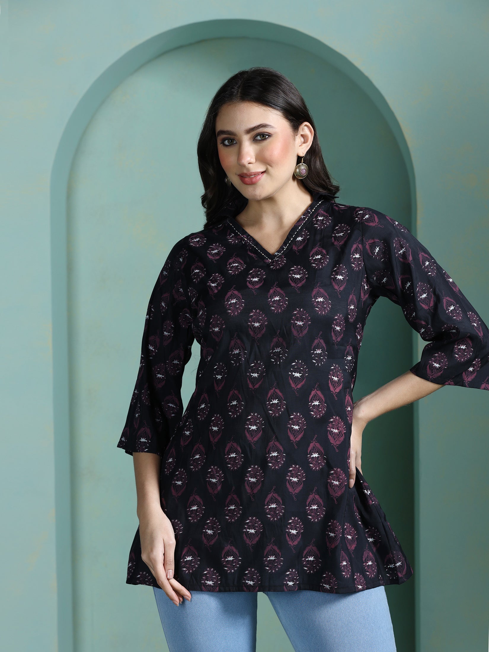 Women Chanderi Black Printed Tunic