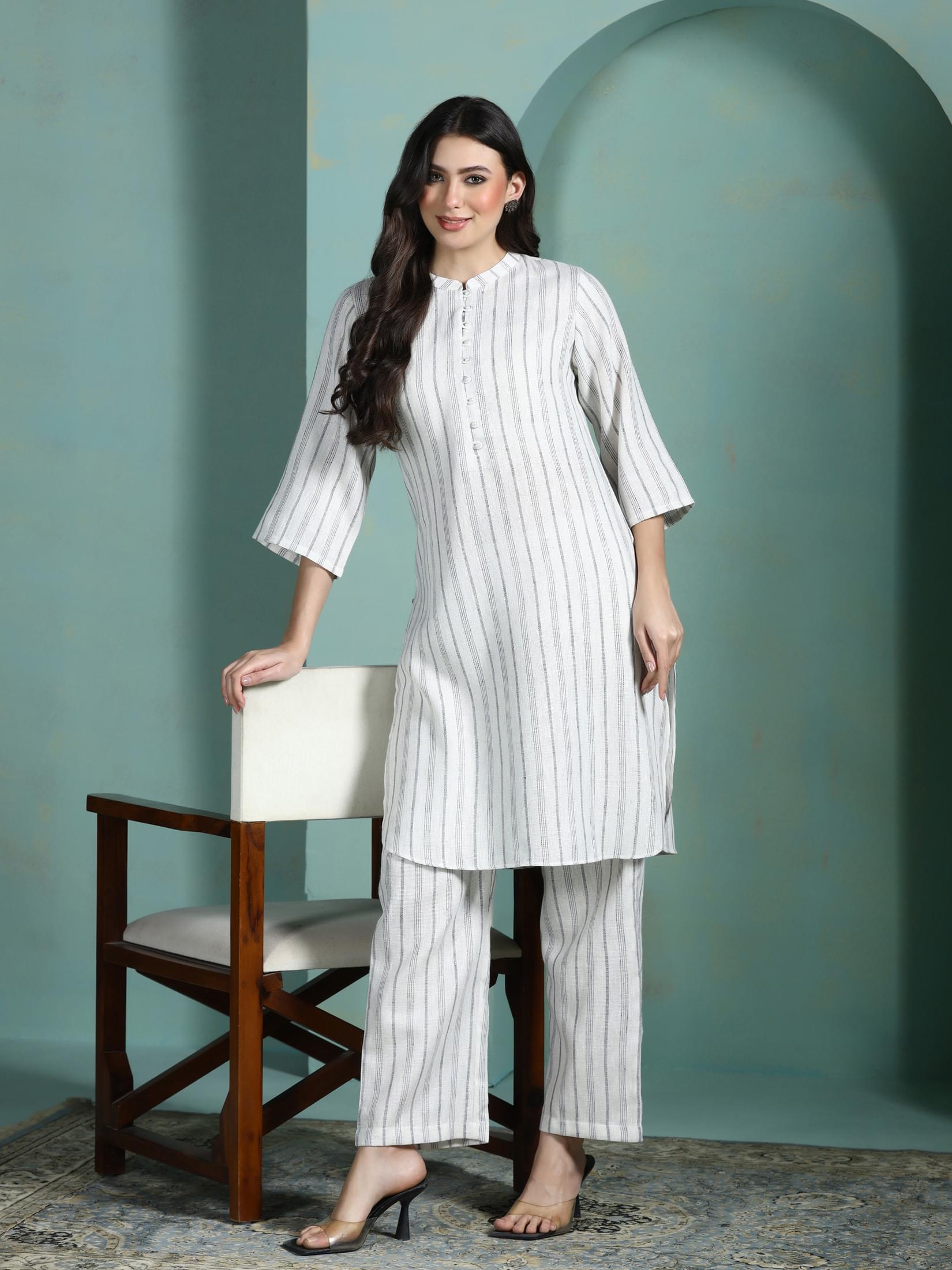 Off white woven yarn dyed premium linen comfortable fit straight trousers set