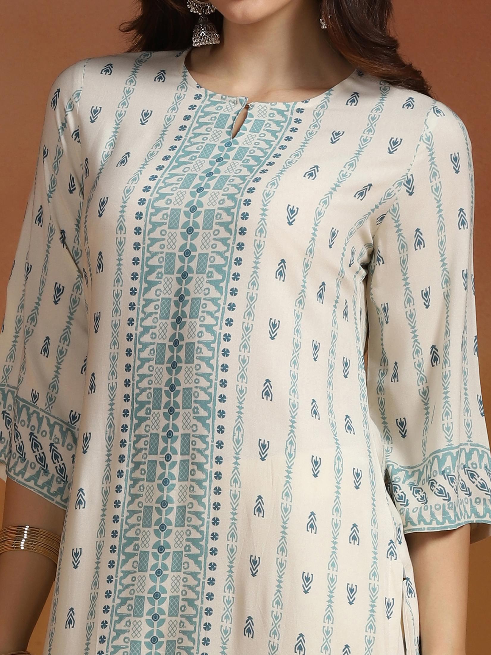 Women Liva Off White Printed Kurta.