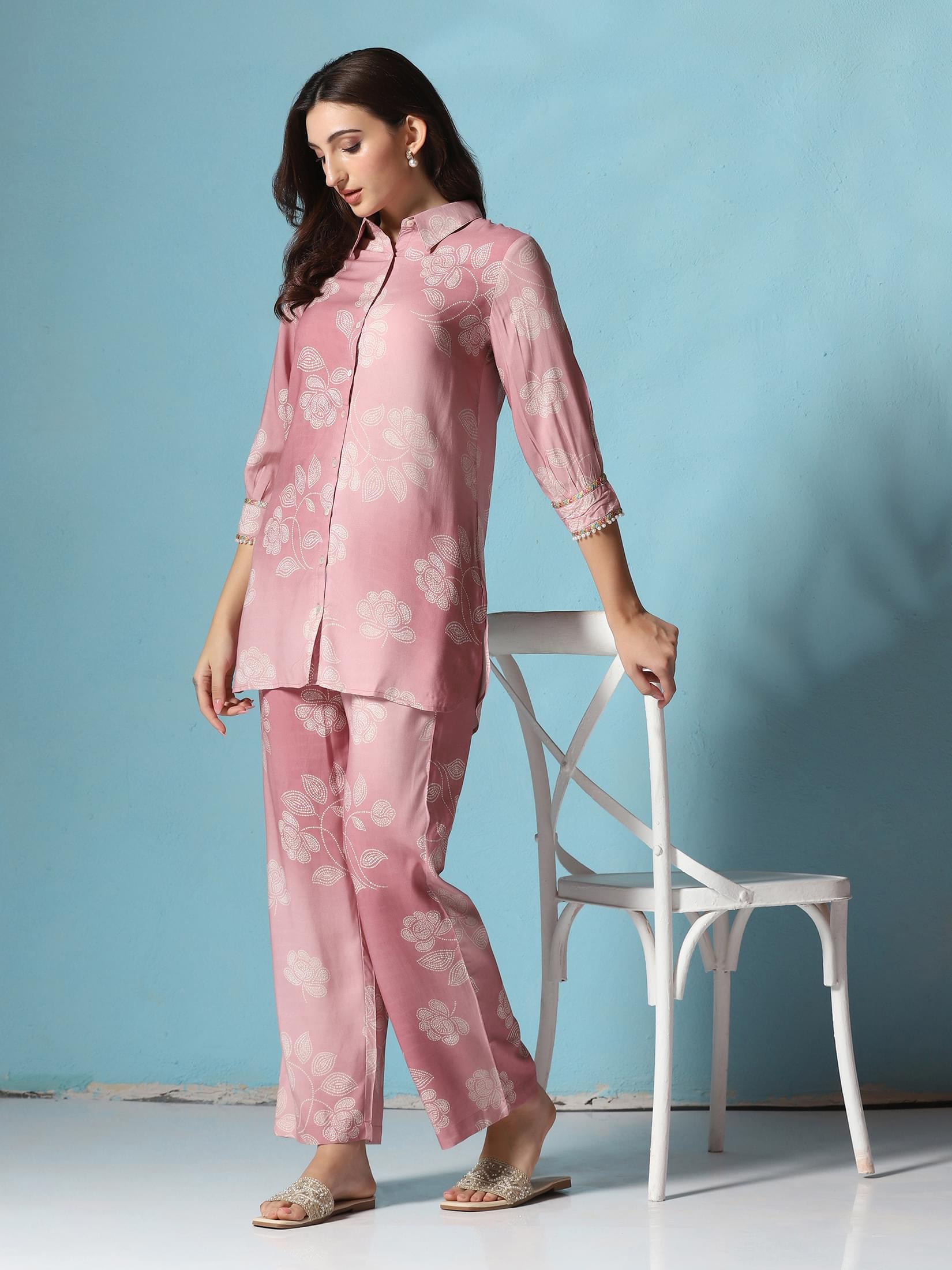 Pink floral print co-ord set in breathable Liva fabric for women