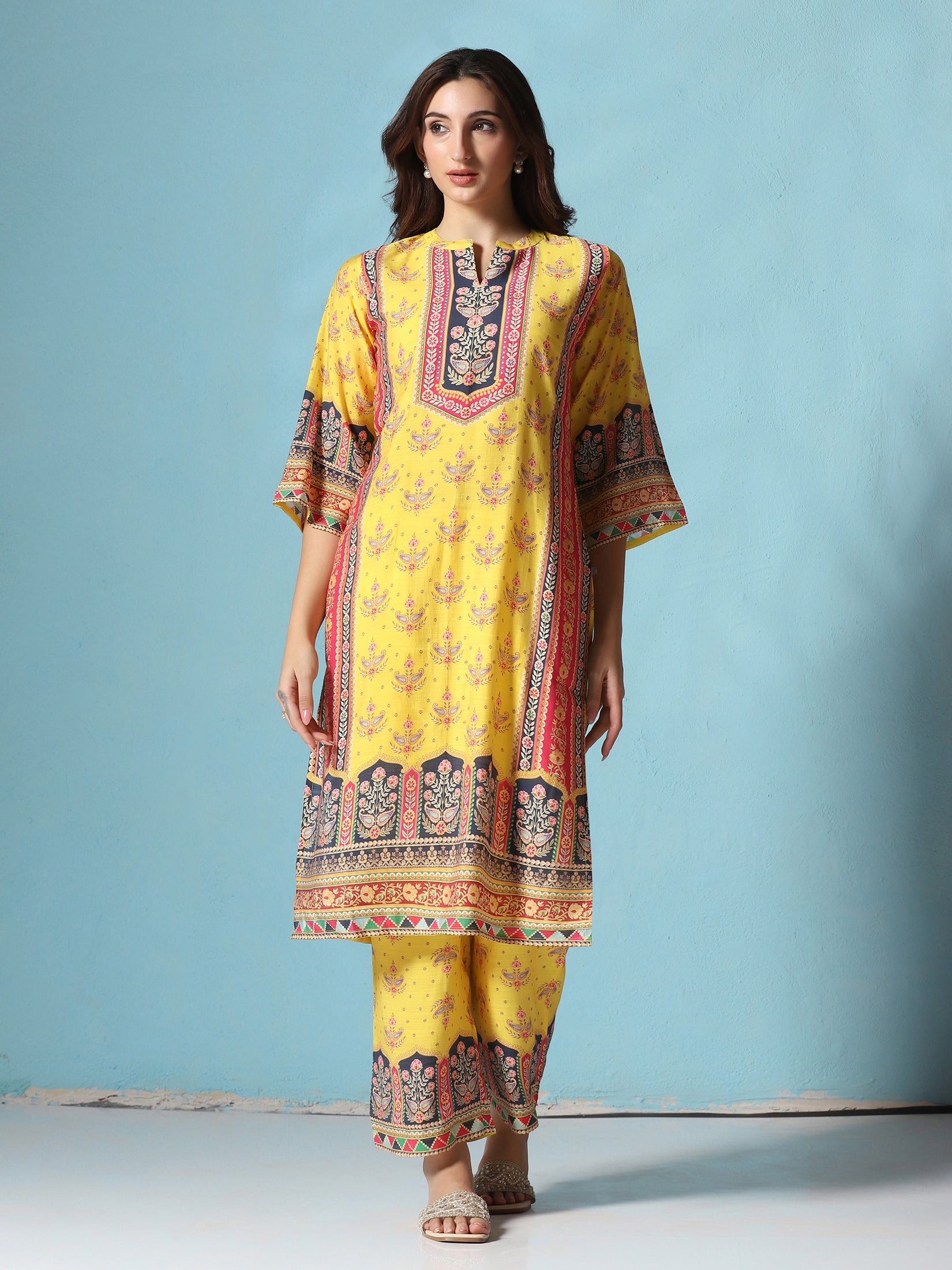 Women Chanderi Yellow Floral Print Kurta Comfort Pant Dupatta