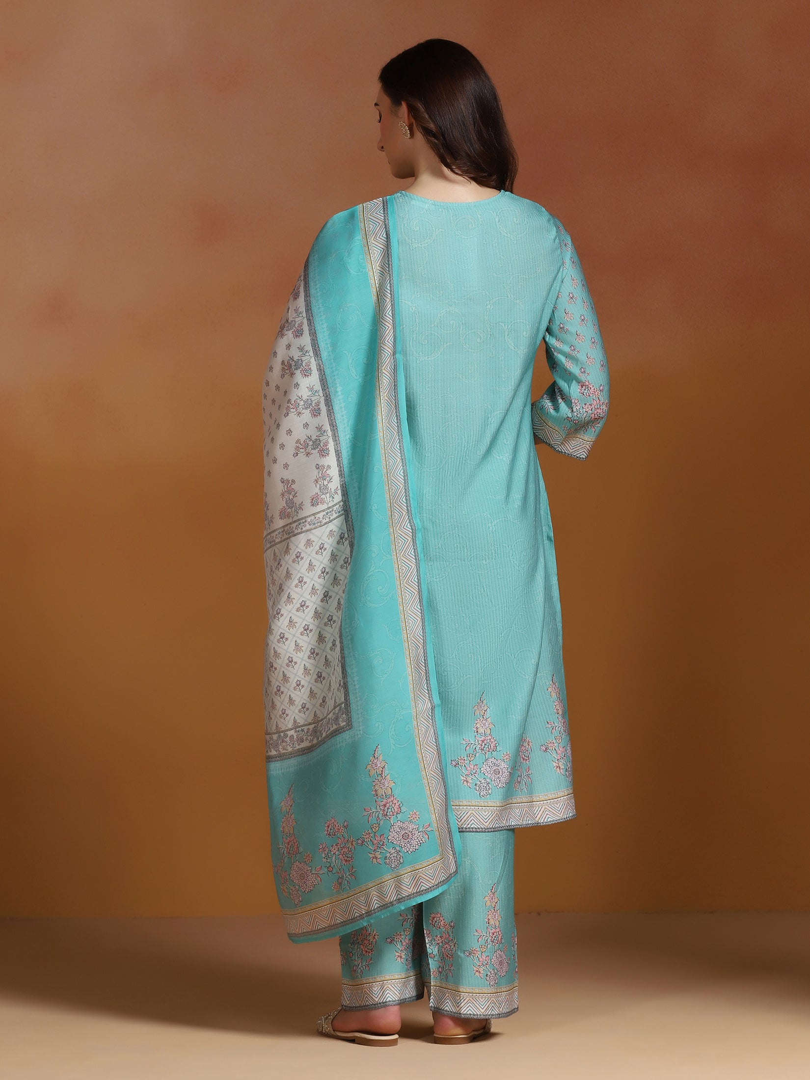 Women Poly Viscose Turquoise Blue Floral Print Kurta Comfort Pant Dupatta