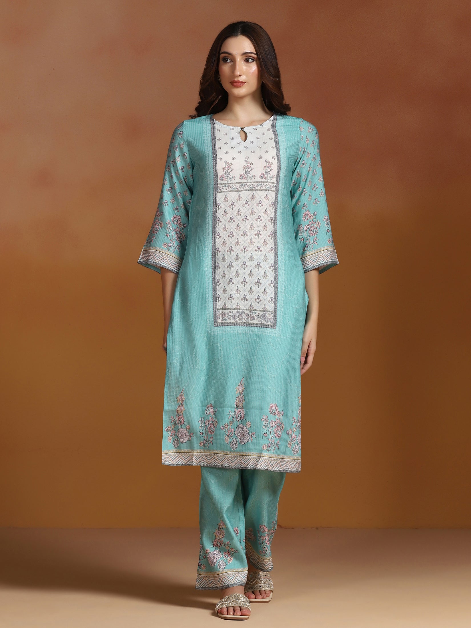 Women Poly Viscose Turquoise Blue Floral Print Kurta Comfort Pant Dupatta