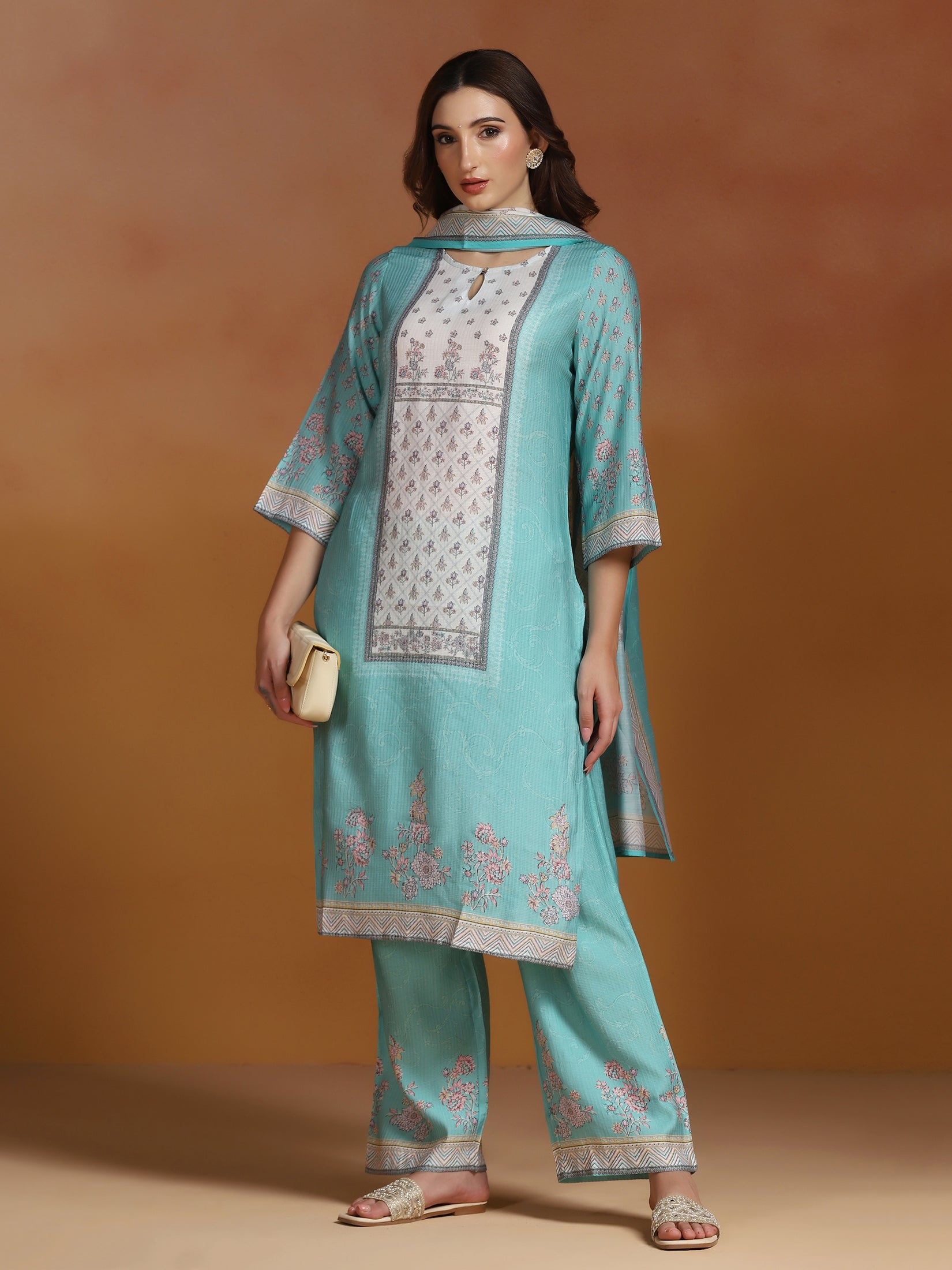 Women Poly Viscose Turquoise Blue Floral Print Kurta Comfort Pant Dupatta
