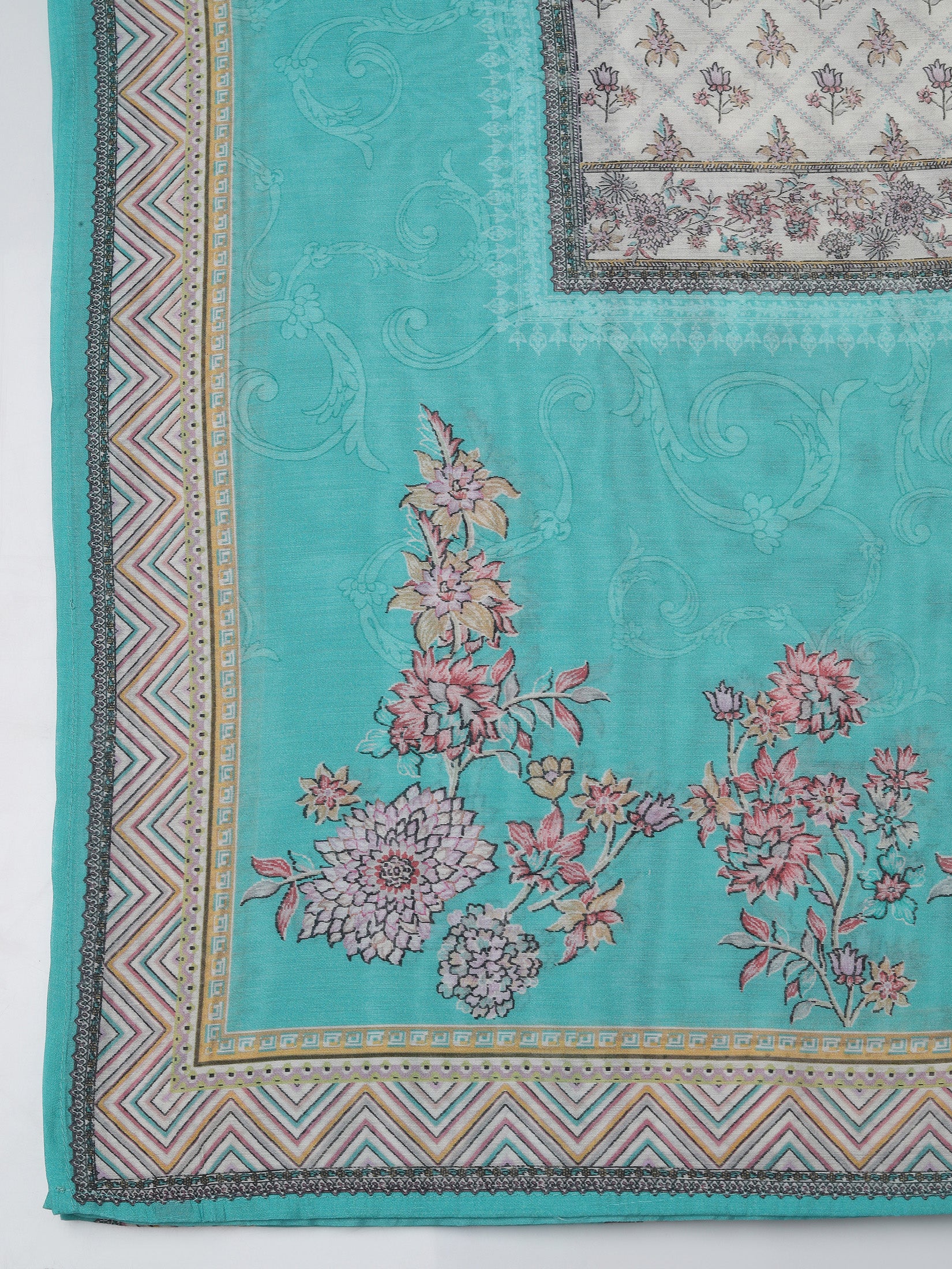 Women Poly Viscose Turquoise Blue Floral Print Kurta Comfort Pant Dupatta
