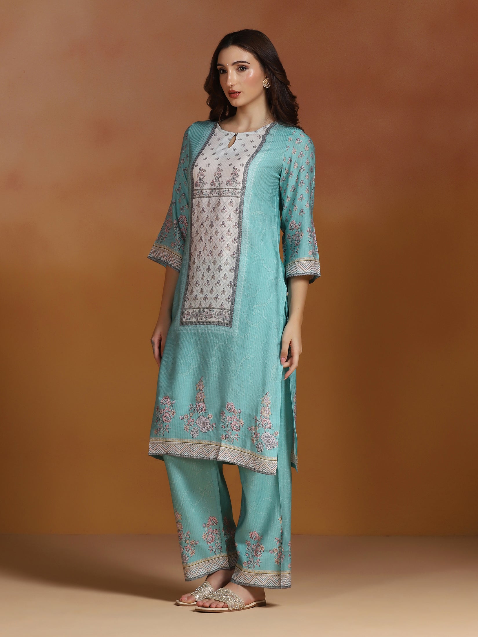 Women Poly Viscose Turquoise Blue Floral Print Kurta Comfort Pant Dupatta