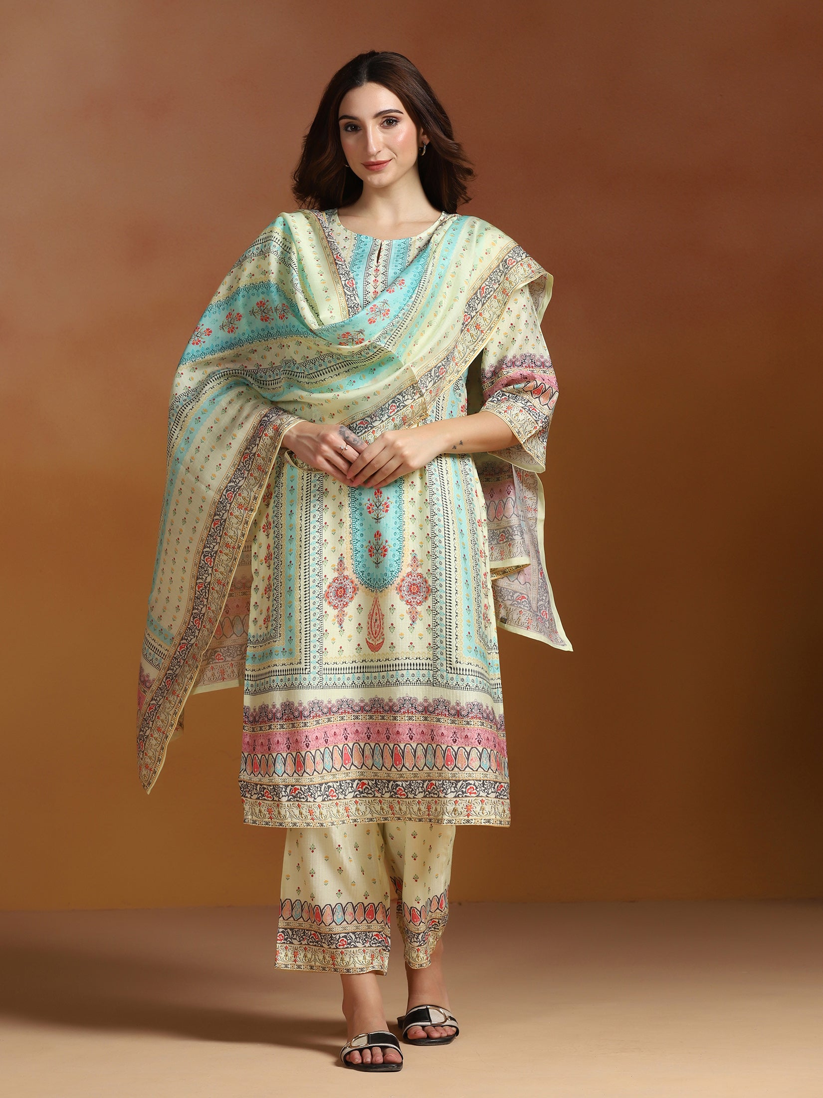 Women Poly Viscose Beige Floral Print Kurta Comfort Pant Dupatta