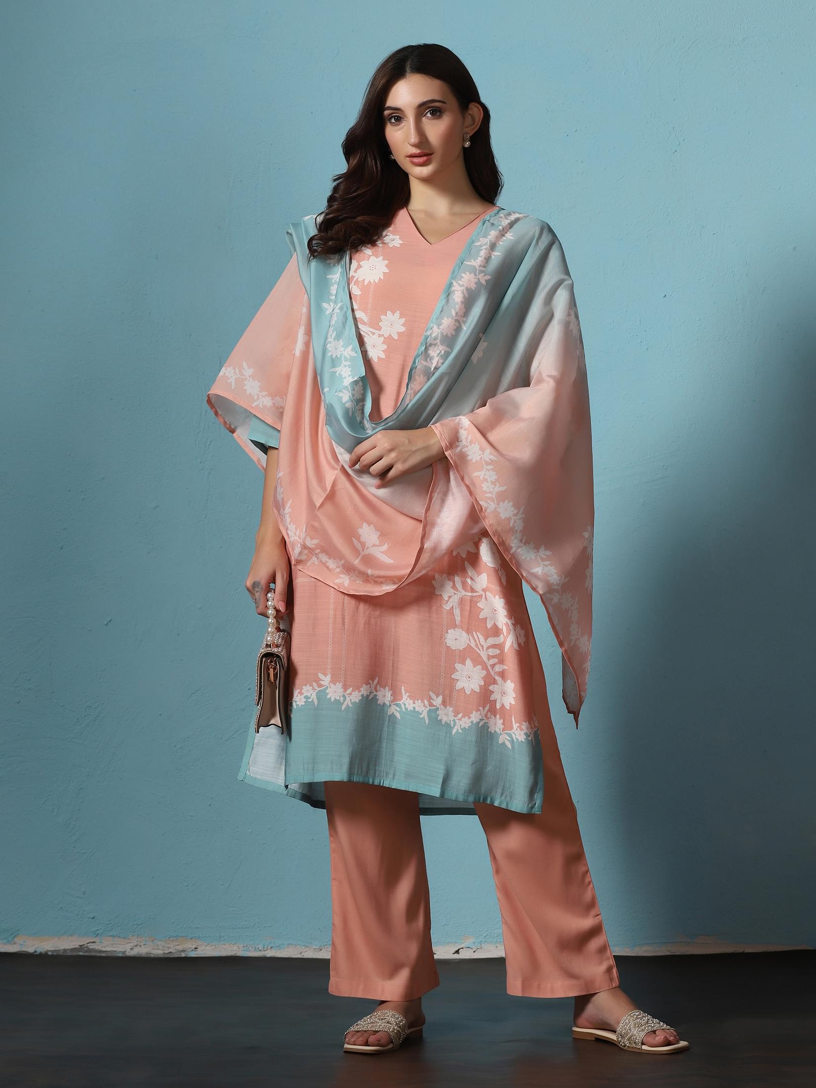 Peach floral print poly slub kurta with comfort pants and matching dupatta