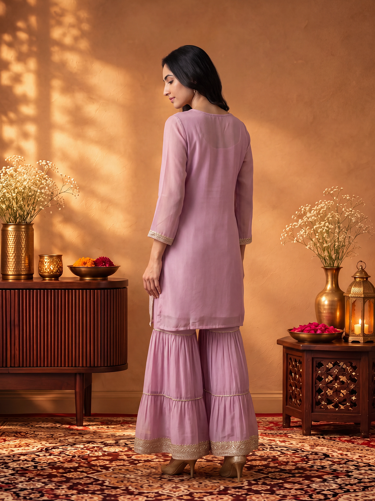 Women Onion Pink Embroidered Kurta Sharara Dupatta